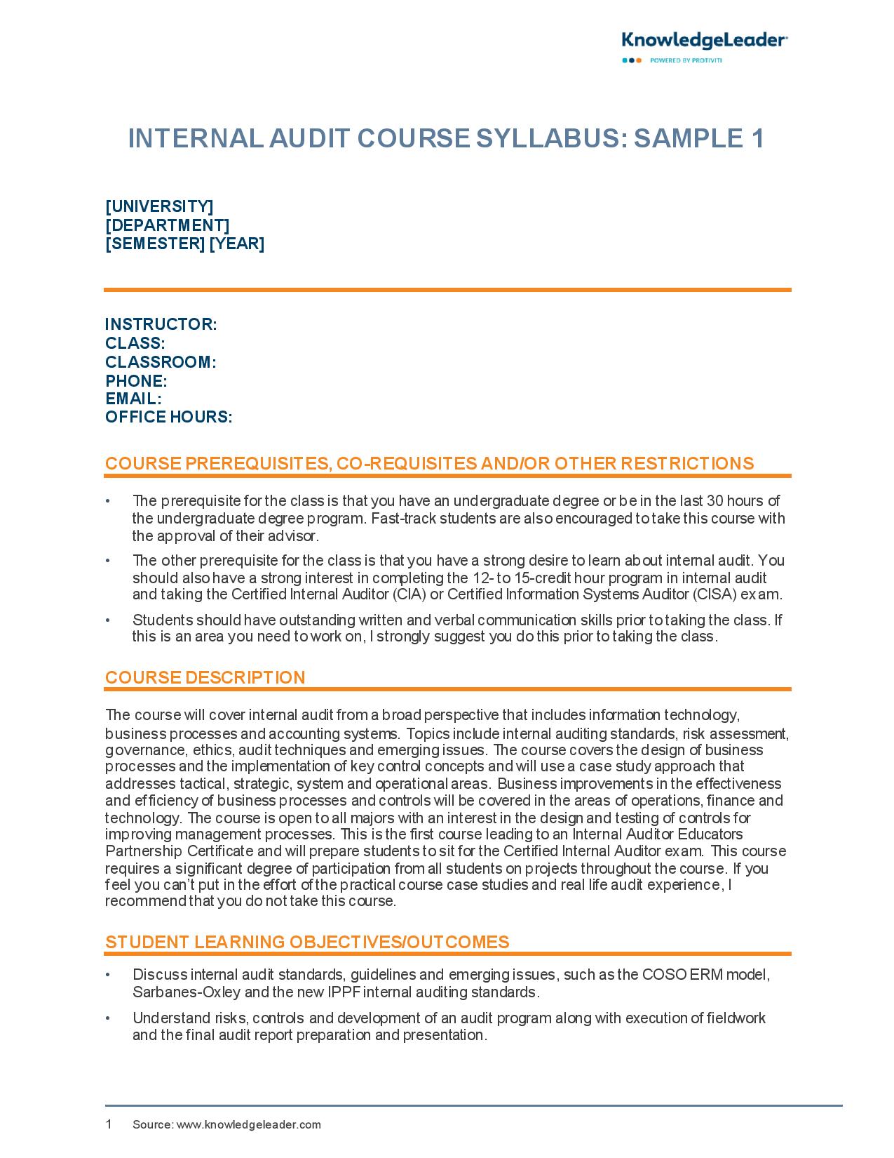 Screenshot of the first page of Internal Audit Course Syllabus Sample 1