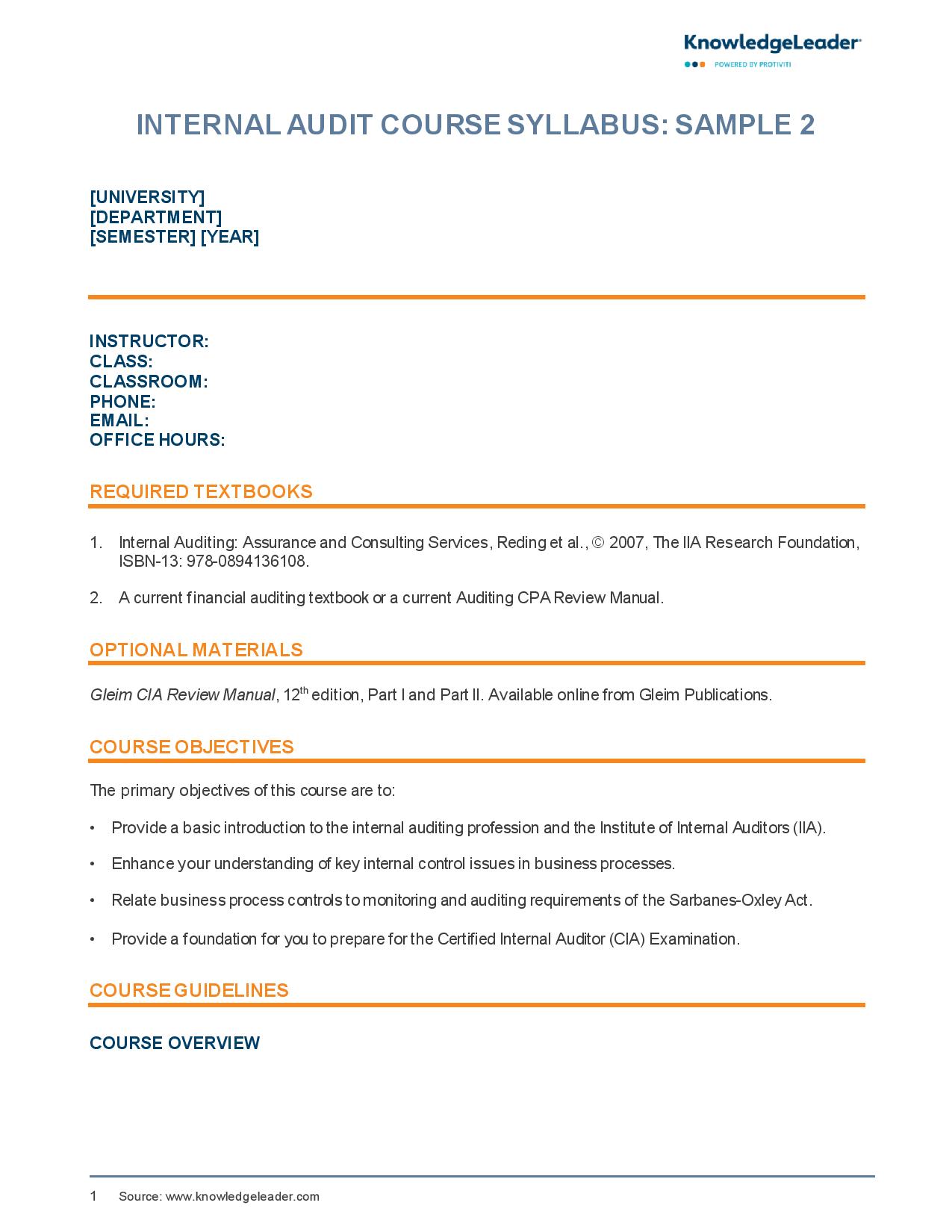 Screenshot of the first page of Internal Audit Course Syllabus Sample 2