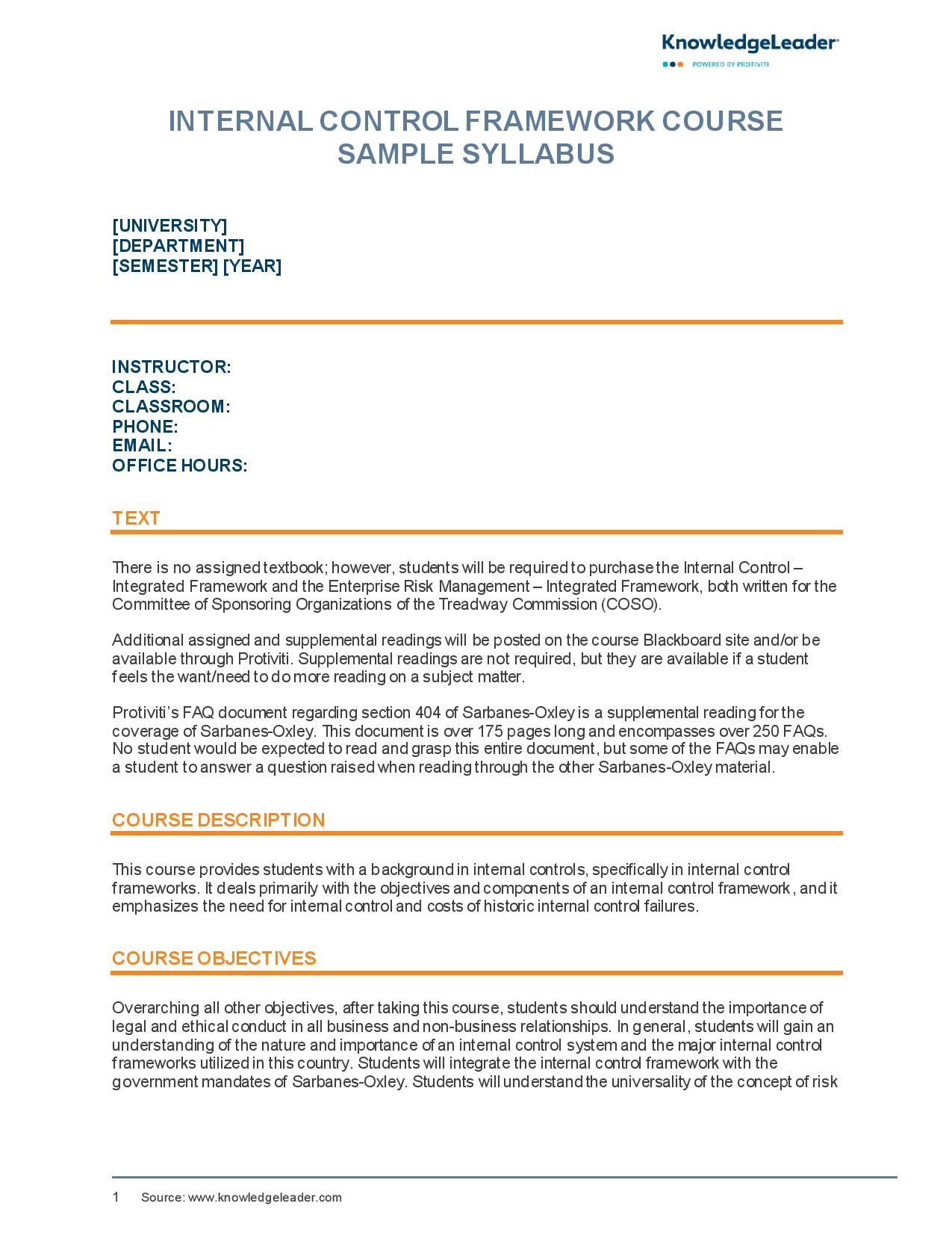 Screenshot of the first page of Internal Control Framework Course Sample Syllabus