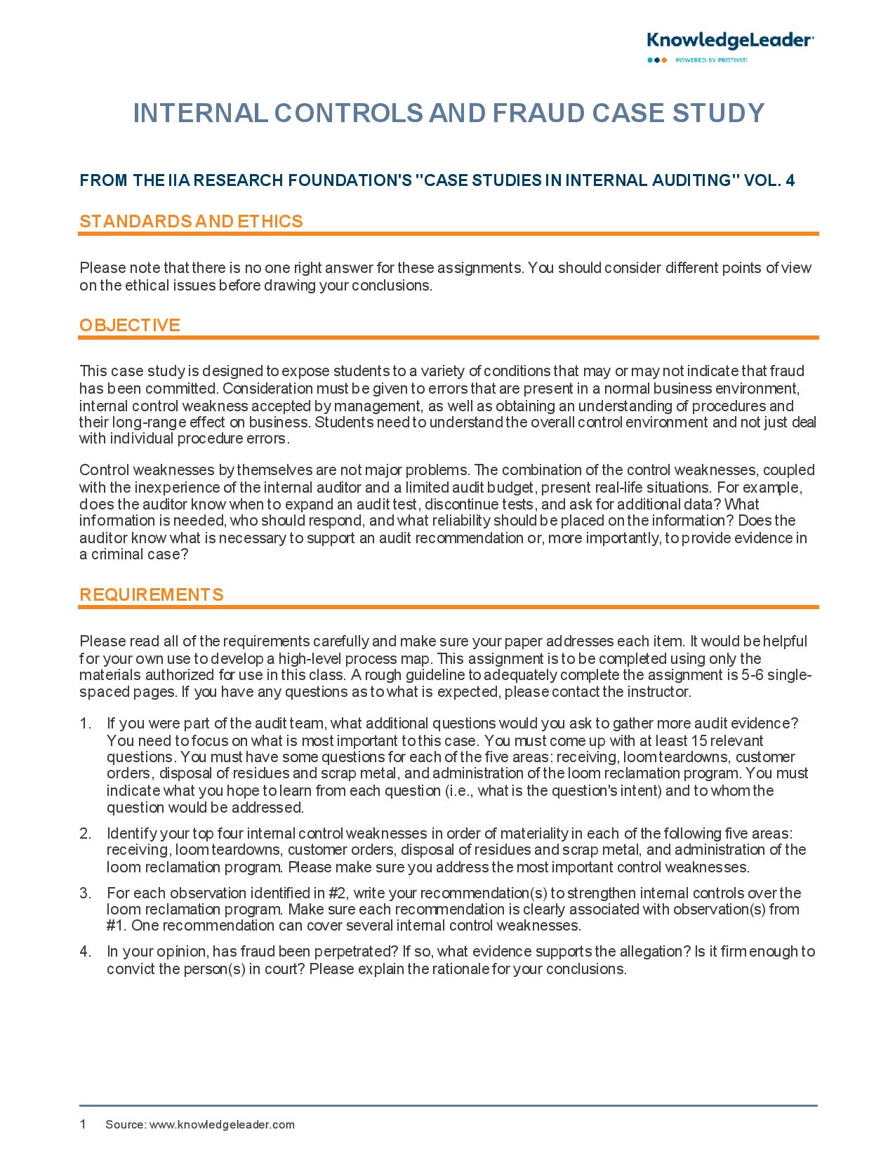 Screenshot of the first page of Internal Controls and Fraud Case Study