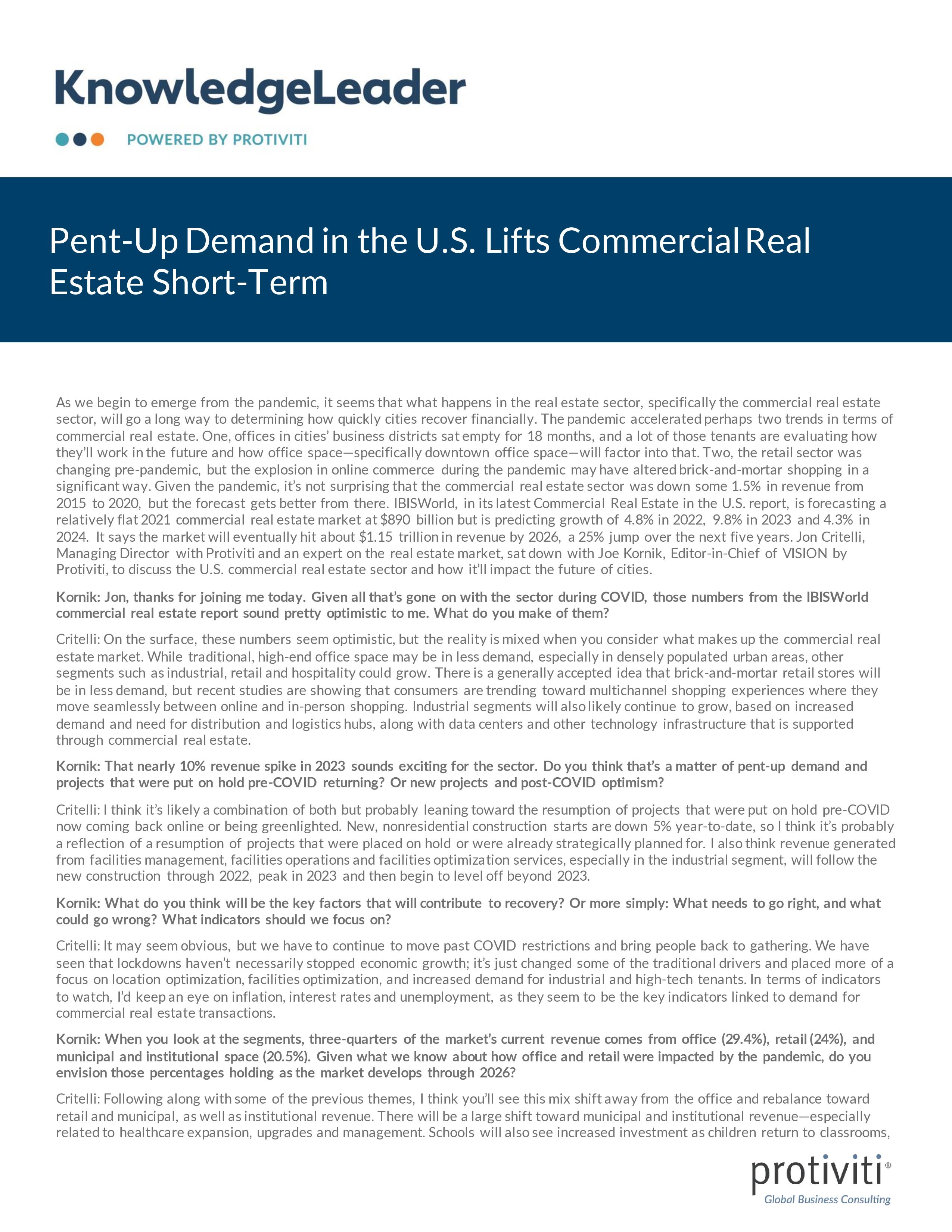 Screenshot of the first page of Pent-Up Demand in the U.S. Lifts Commercial Real Estate Short-Term