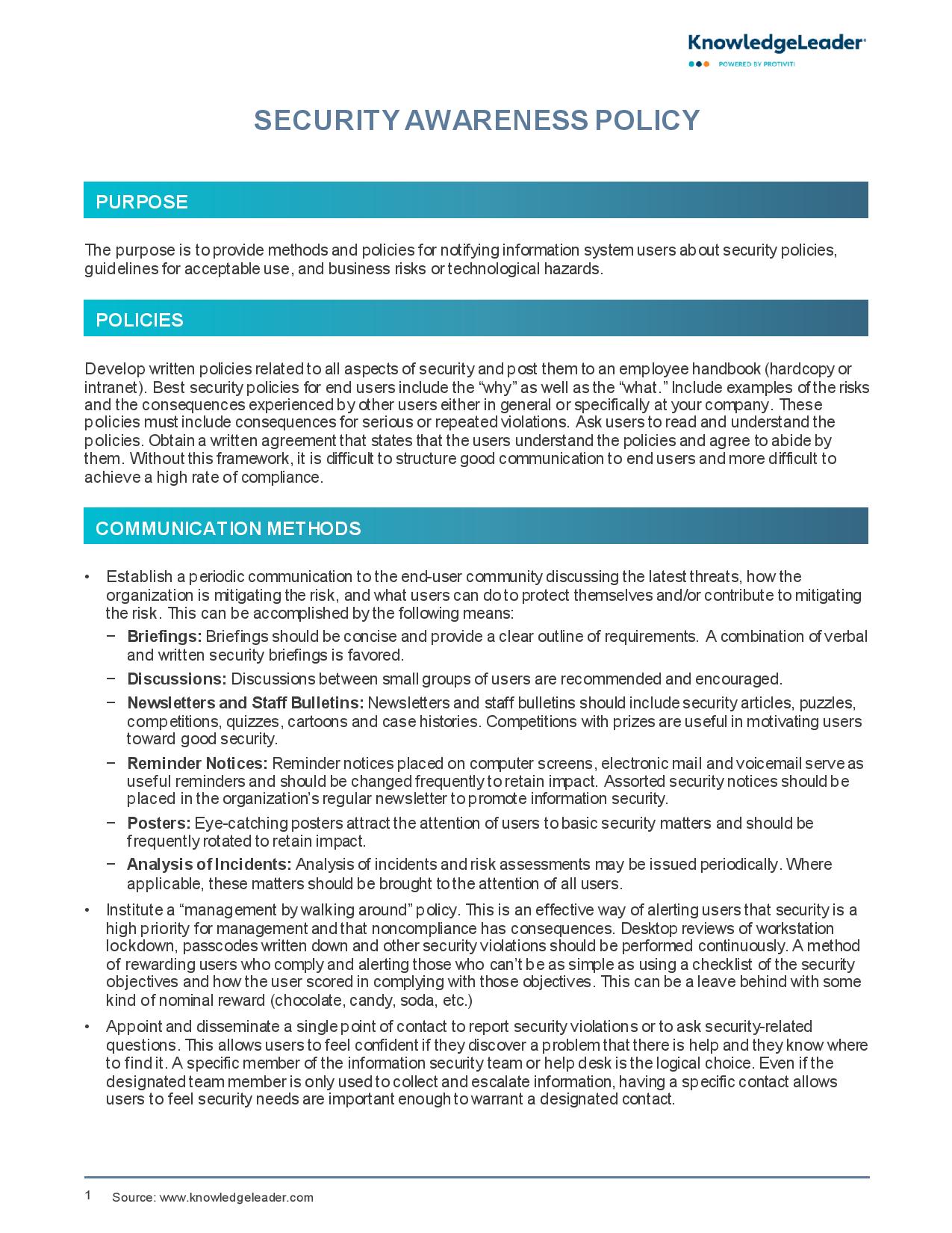 Screenshot of the first page of Security Awareness Policy