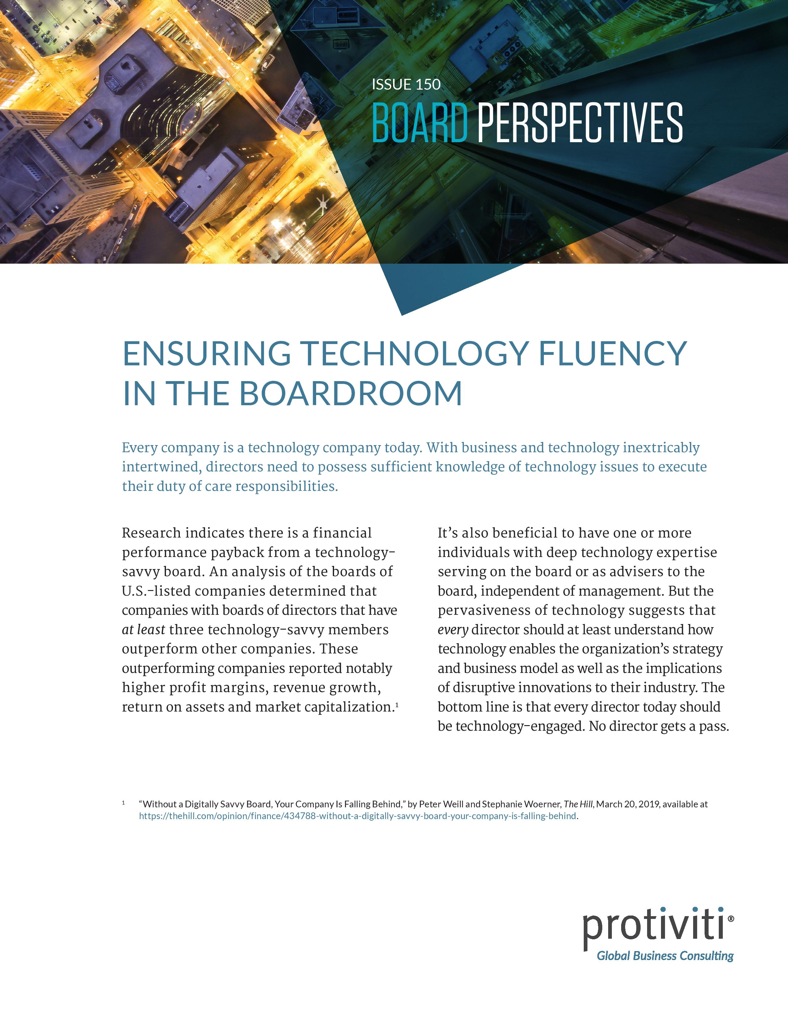 Screenshot of the first page of newsletter-bp-issue150-technology-fluency-boardroom-protiviti