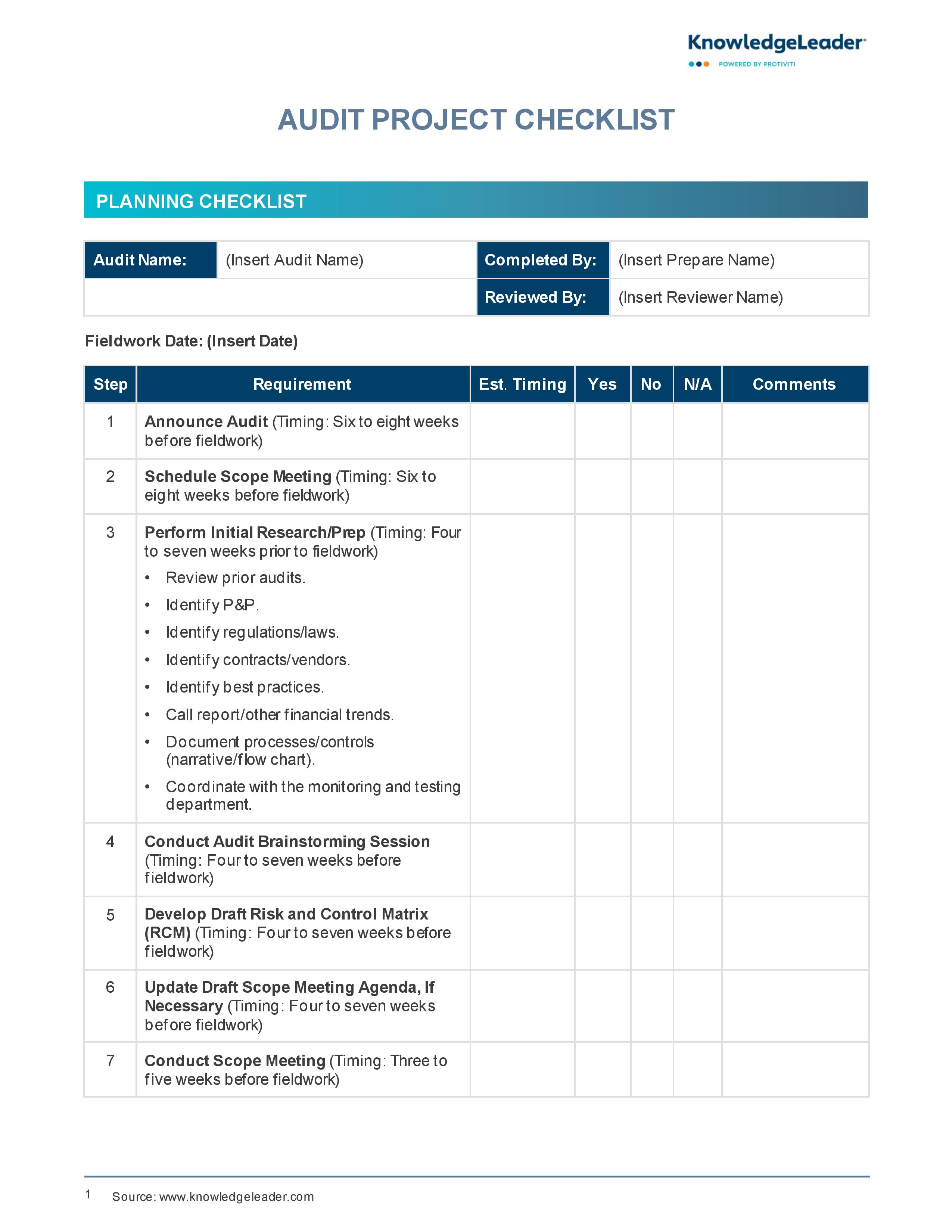 Screenshot of the first page of Audit Project Checklist