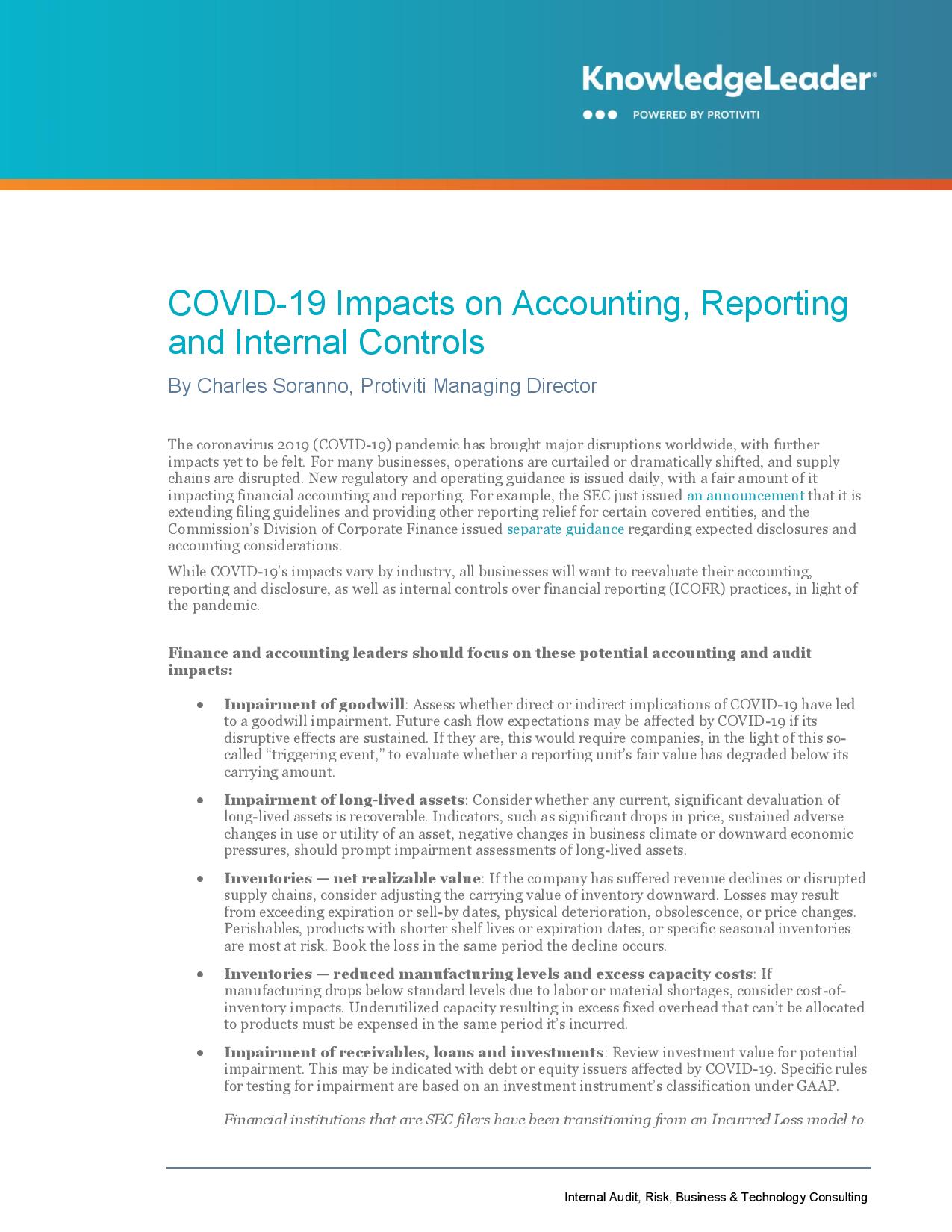 Screenshot of first page of COVID-19 Impacts on Accounting, Reporting and Internal Controls