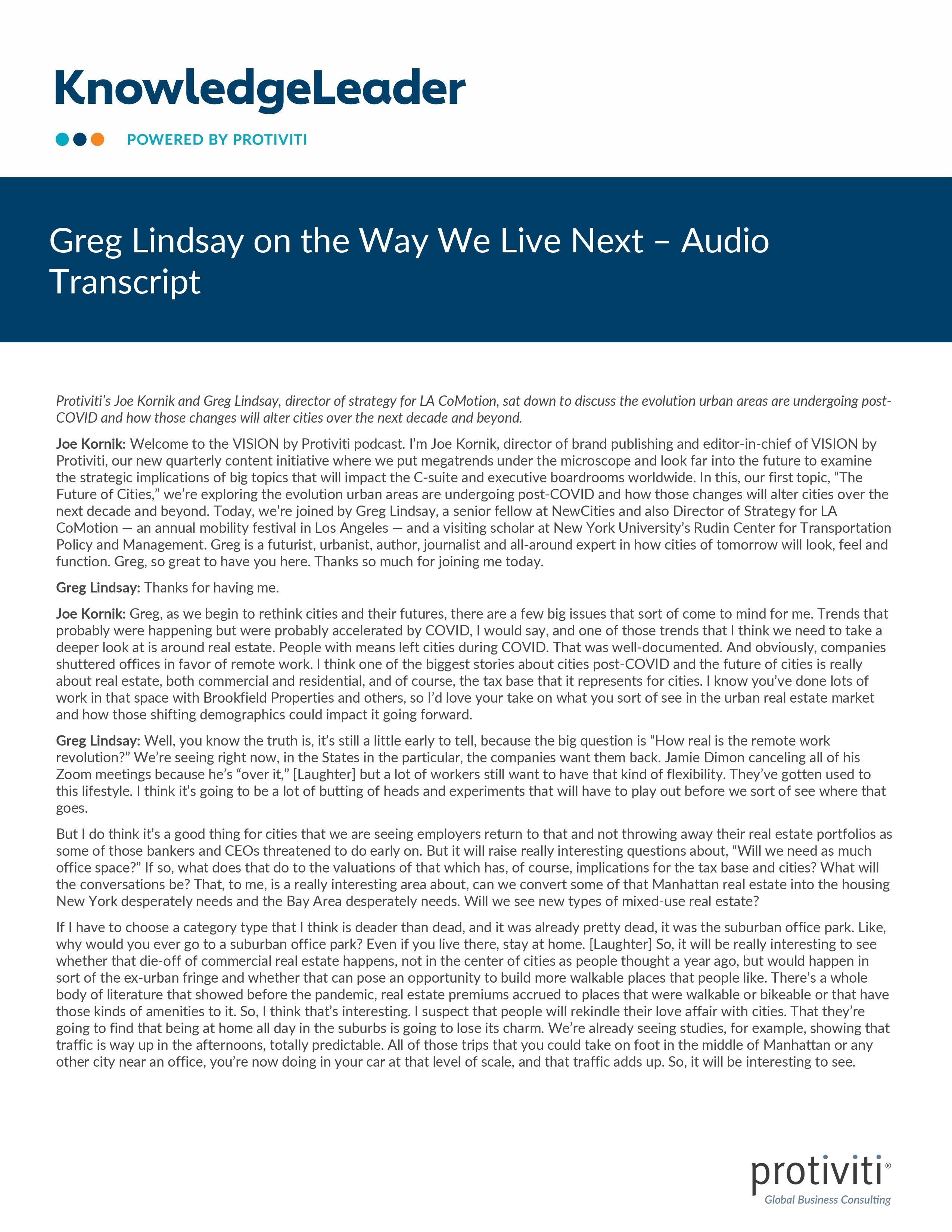 screenshot of the first page of Greg Lindsay on the Way We Live Next – Audio Transcript