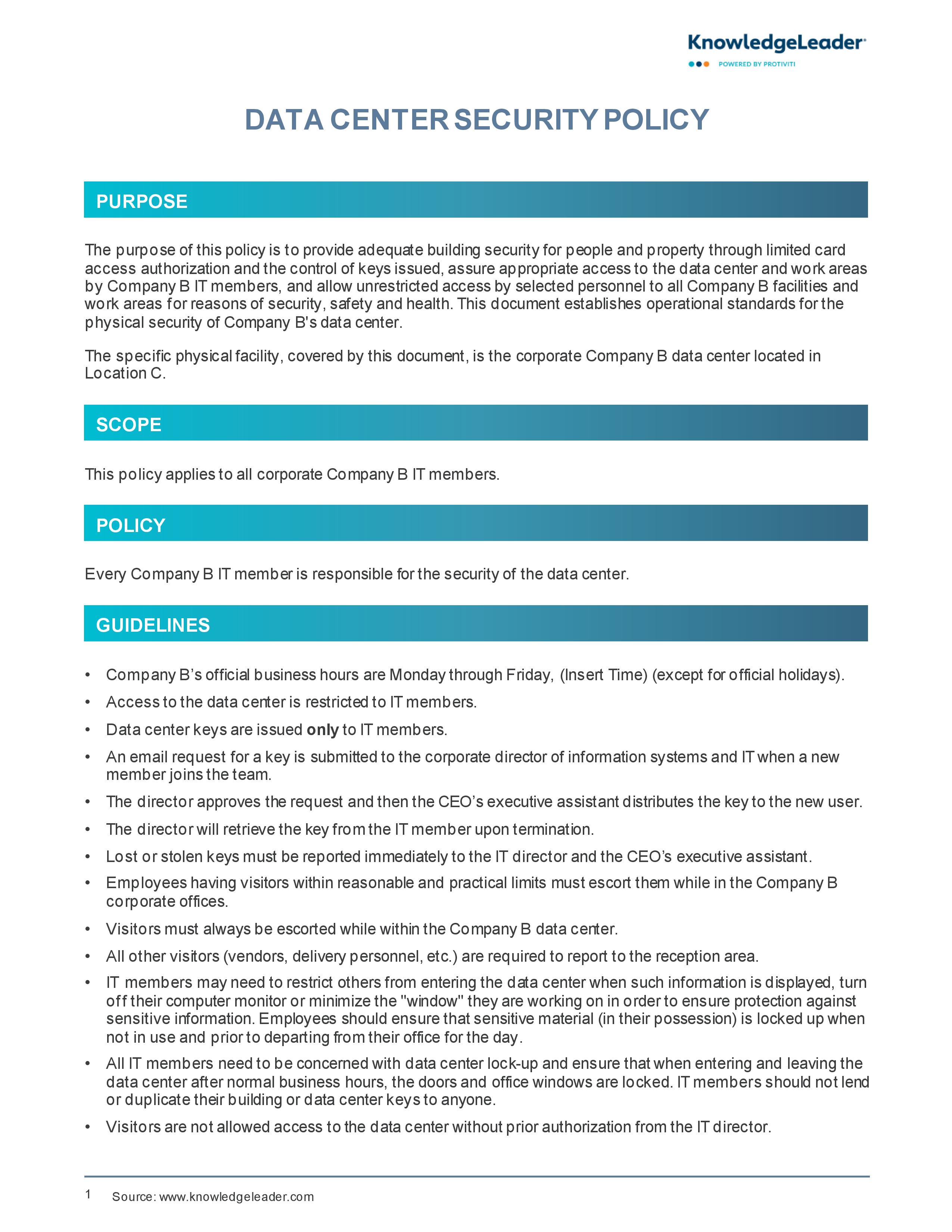Screenshot of the first page of Data Center Security Policy