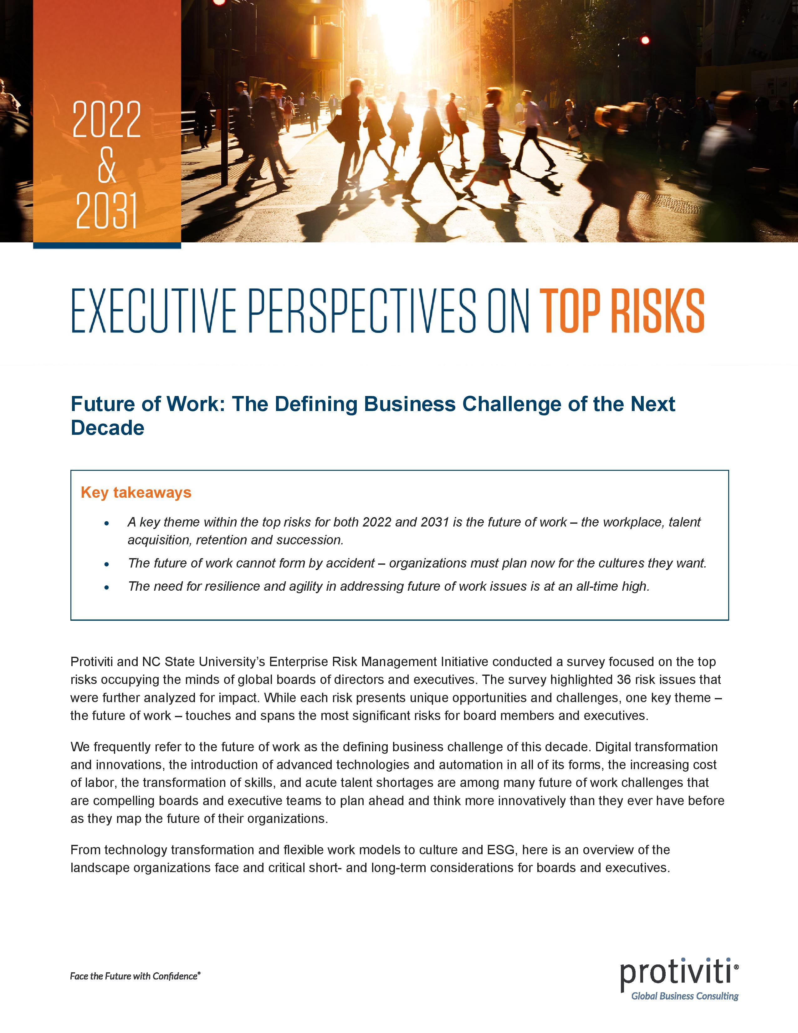screenshot of the first page of Executive Perspectives on Top Risks in 2022 And 2031 Future of Work – The Defining Business Challenge of the Next Decade