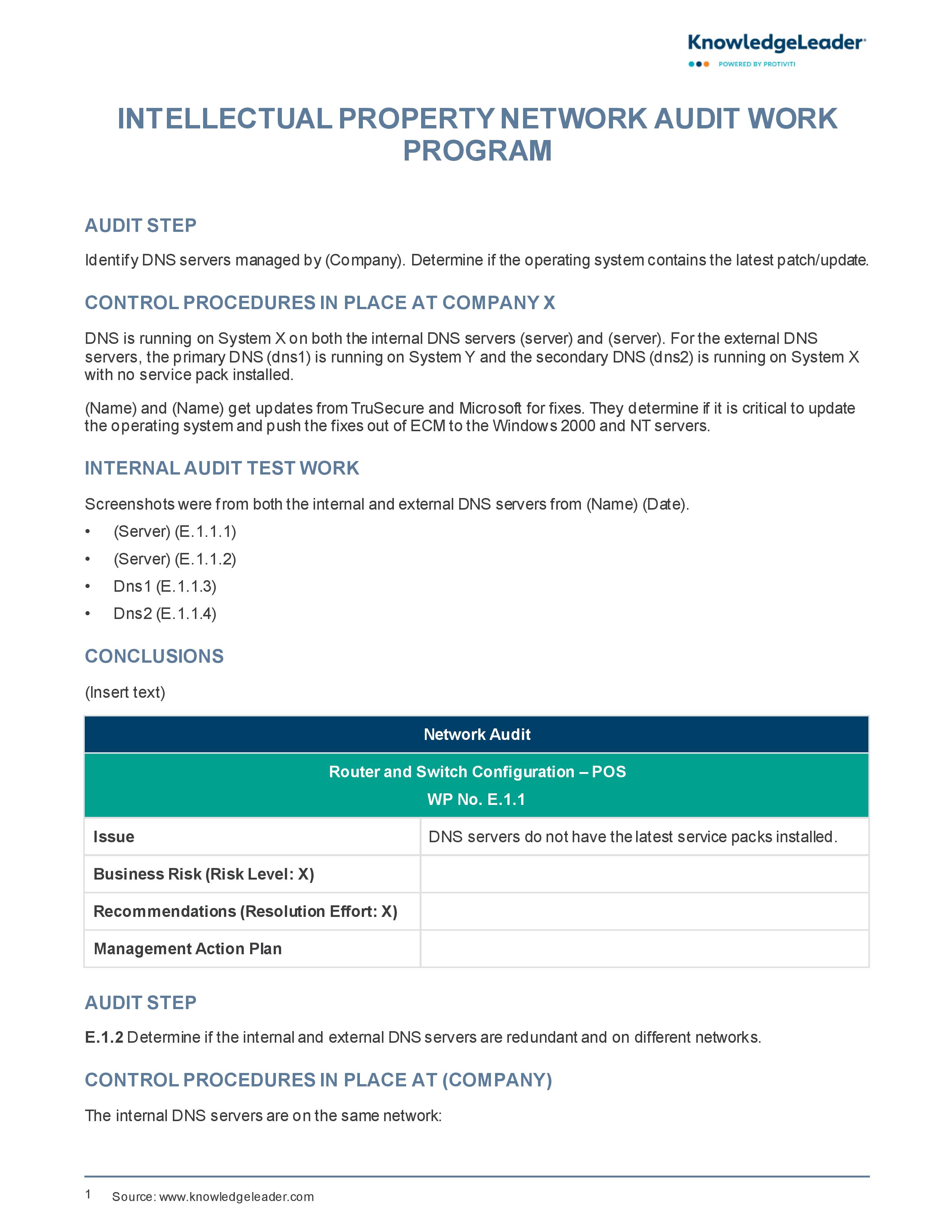 Screenshot of the first page of Intellectual Property Network Audit Work Program