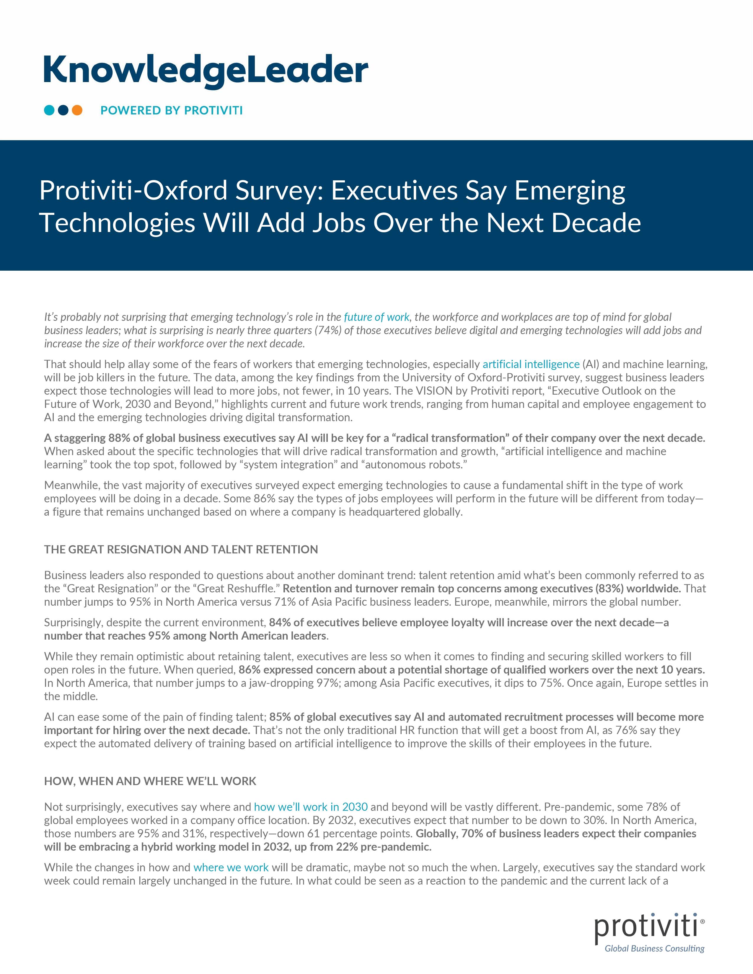 screenshot of the first page of Protiviti-Oxford Survey Executives Say Emerging Technologies Will Add Jobs Over the Next Decade
