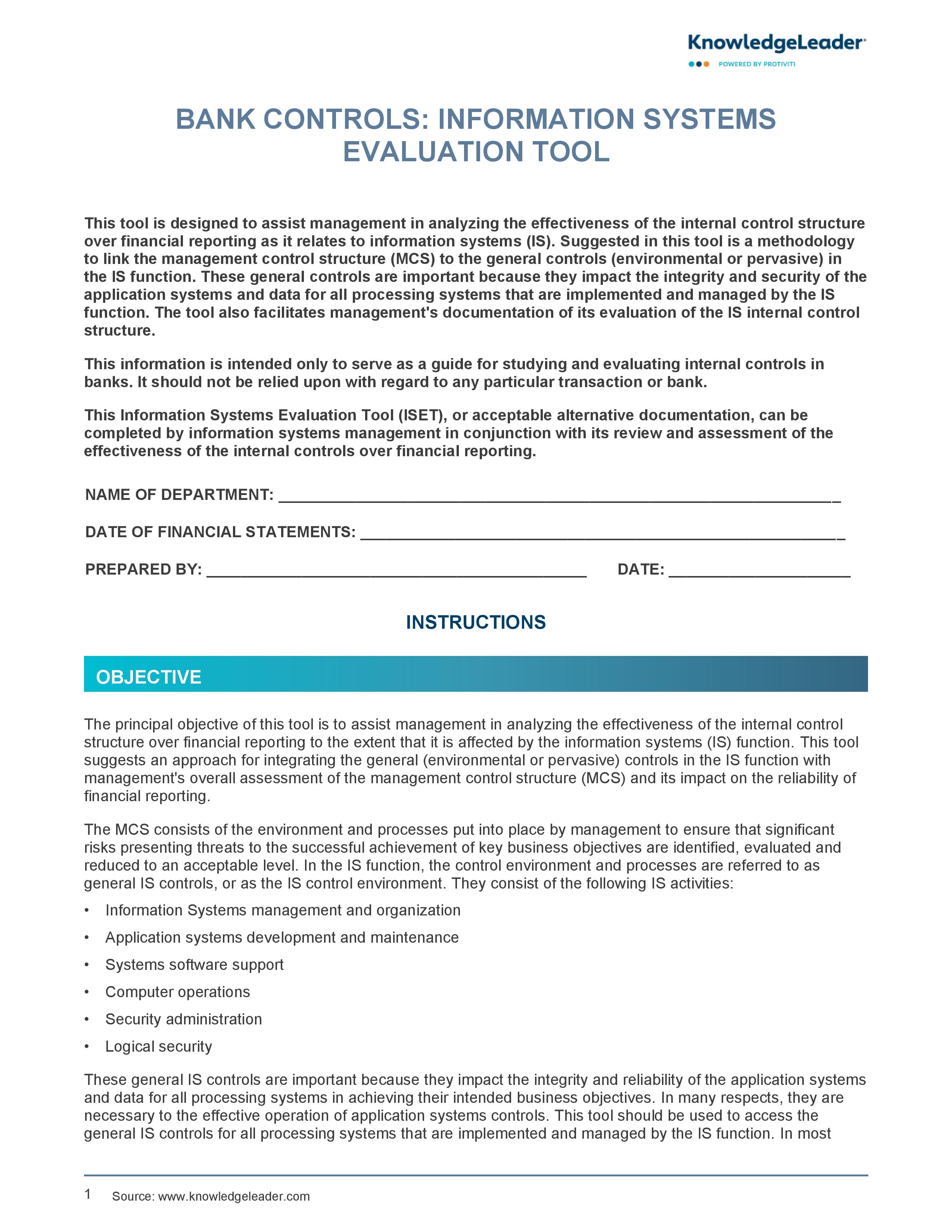 screenshot of the first page of the Bank Controls: Information Systems Evaluation Tool