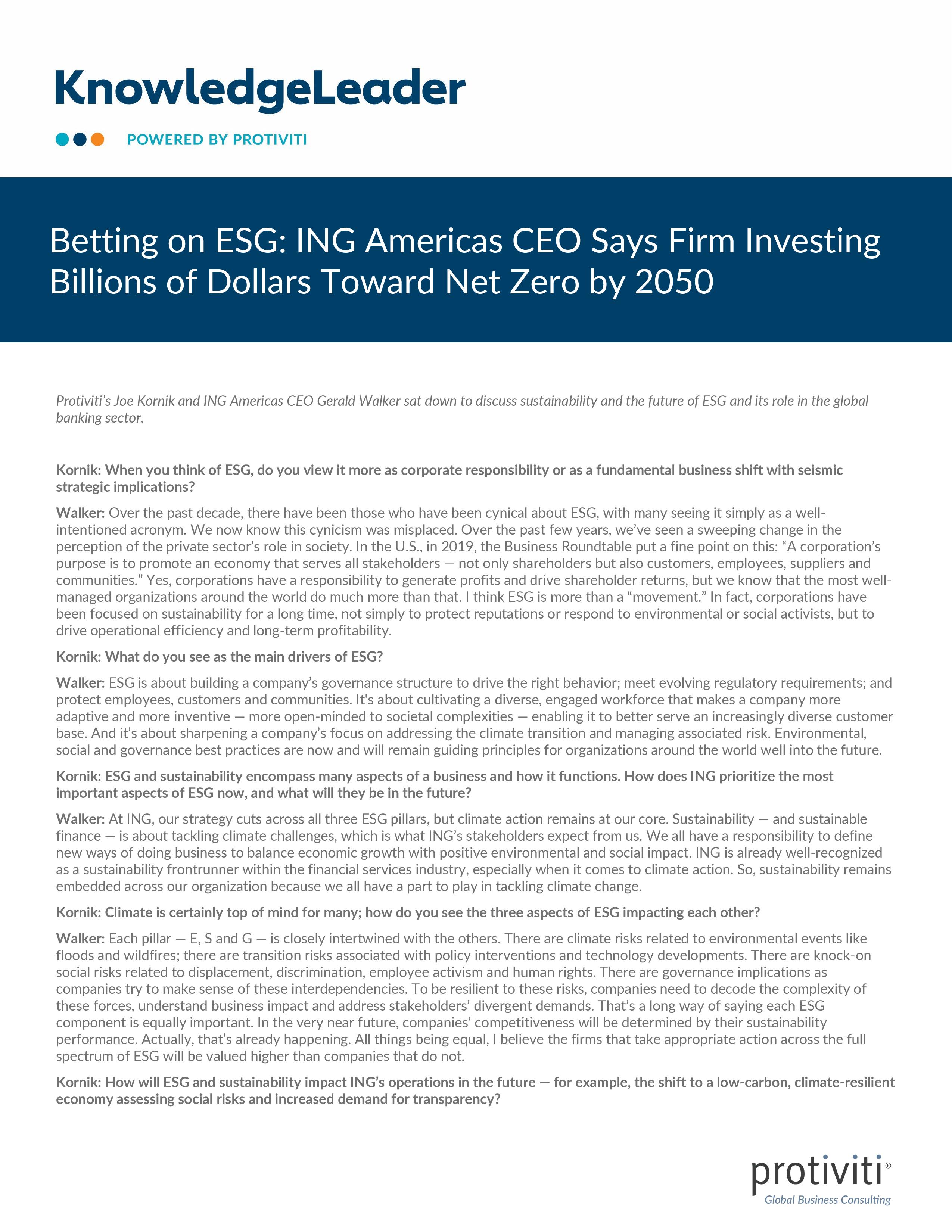 Screenshot of the First Page of Betting on ESG ING Americas CEO Says Firm Investing Billions of Dollars Toward Net Zero by 2050