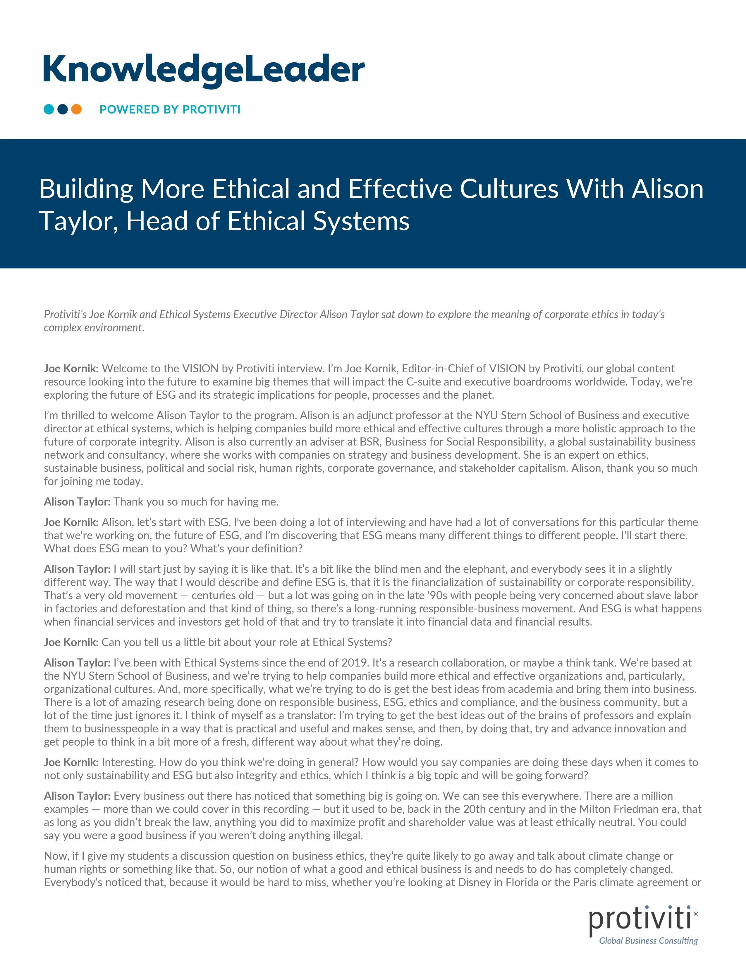 Screenshot of the First Page of Building More Ethical and Effective Cultures With Alison Taylor, Head of Ethical Systems
