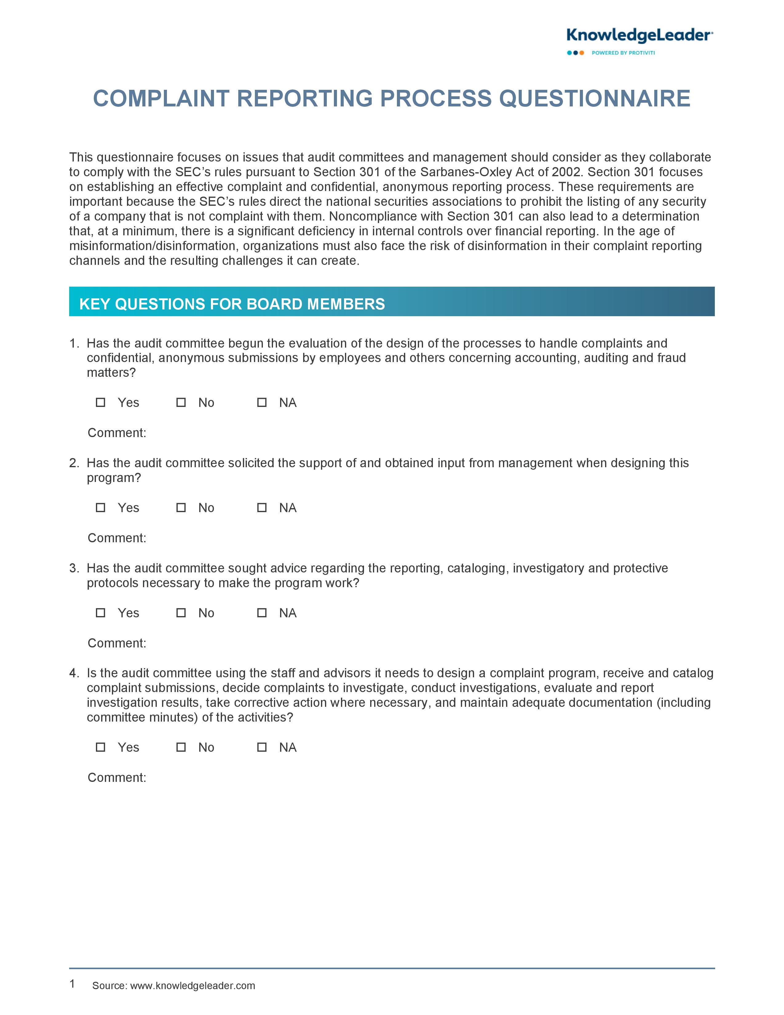 screenshot of the first page of the Complaint Reporting Process Questionnaire