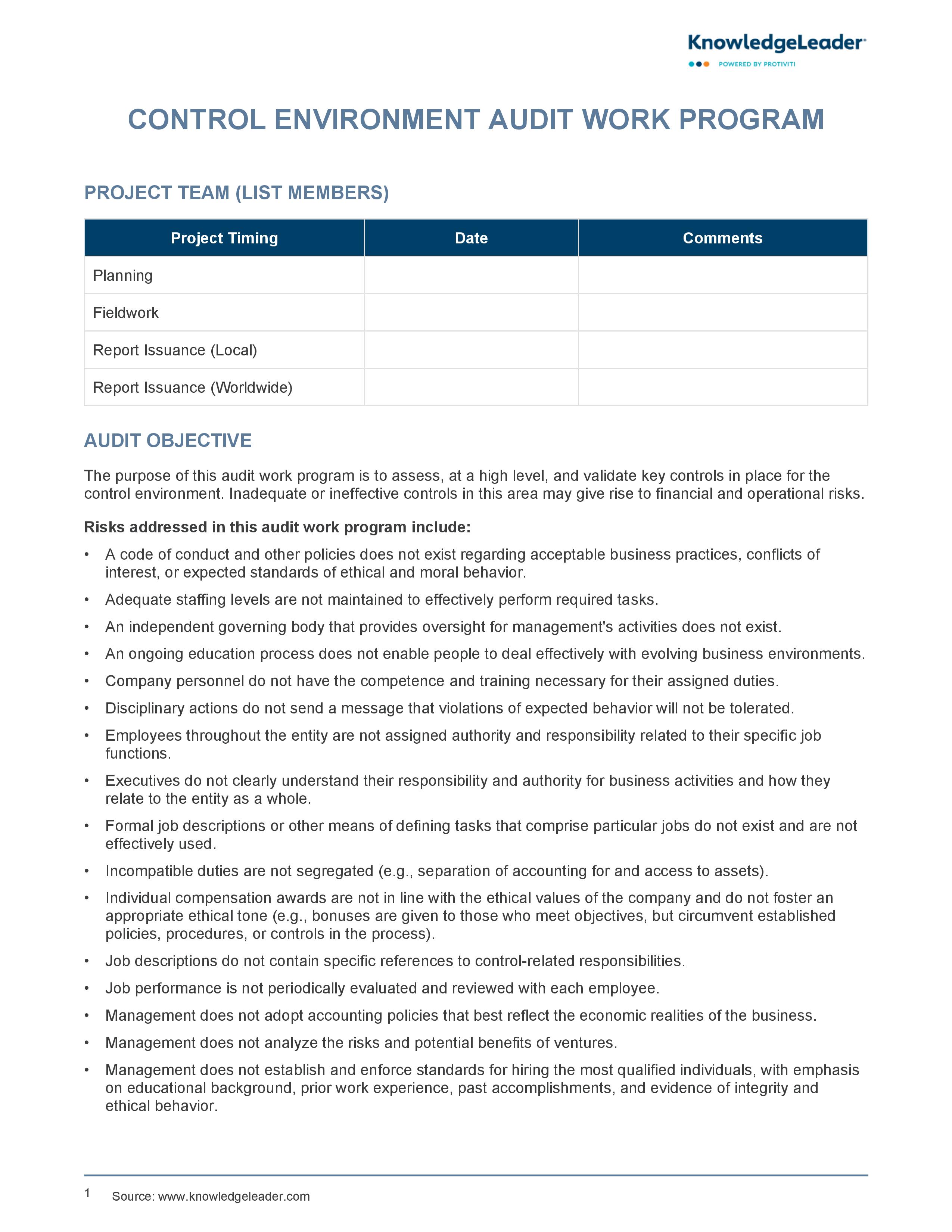 screenshot of the first page of the Control Environment Audit Work Program