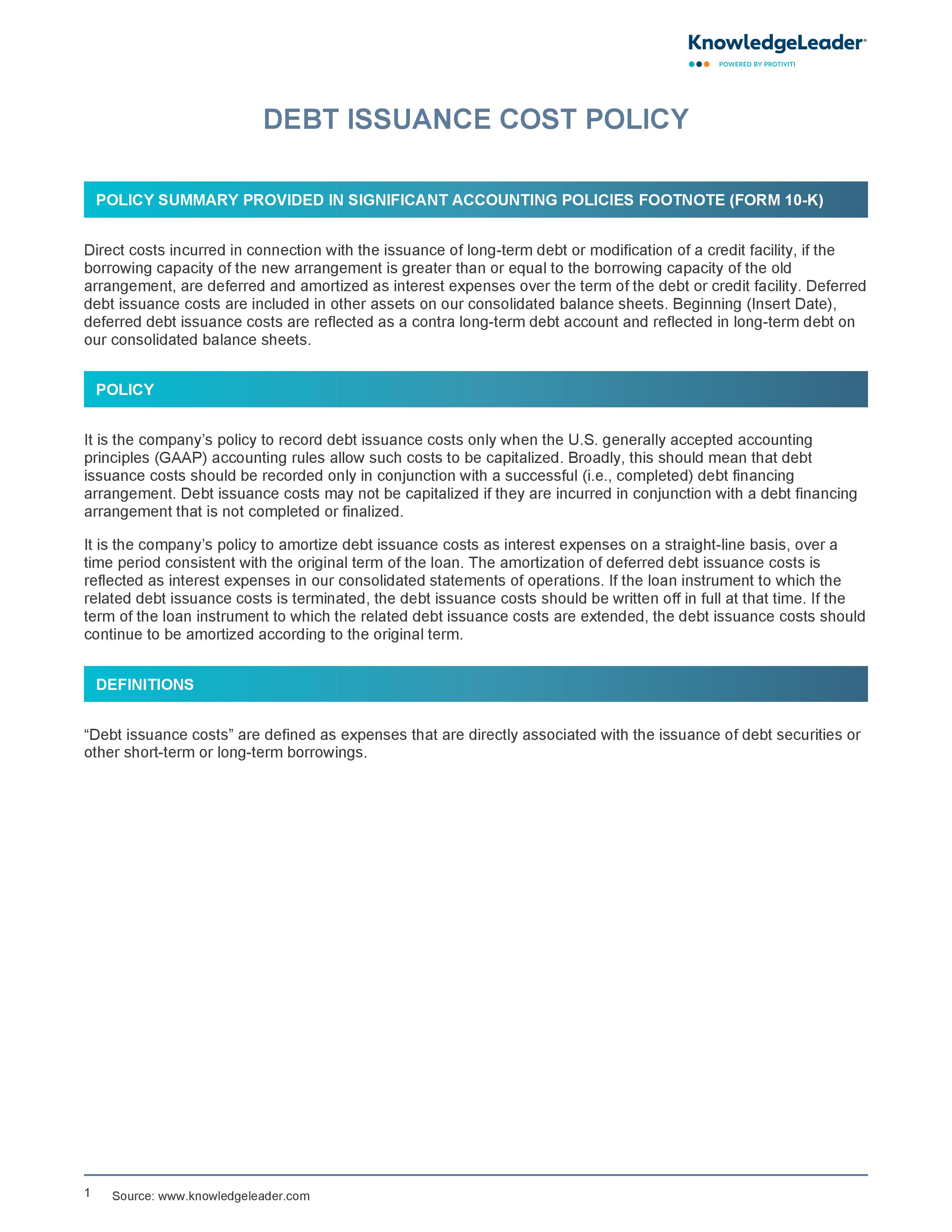 Screenshot of the First Page of Debt Issuance Cost Policy