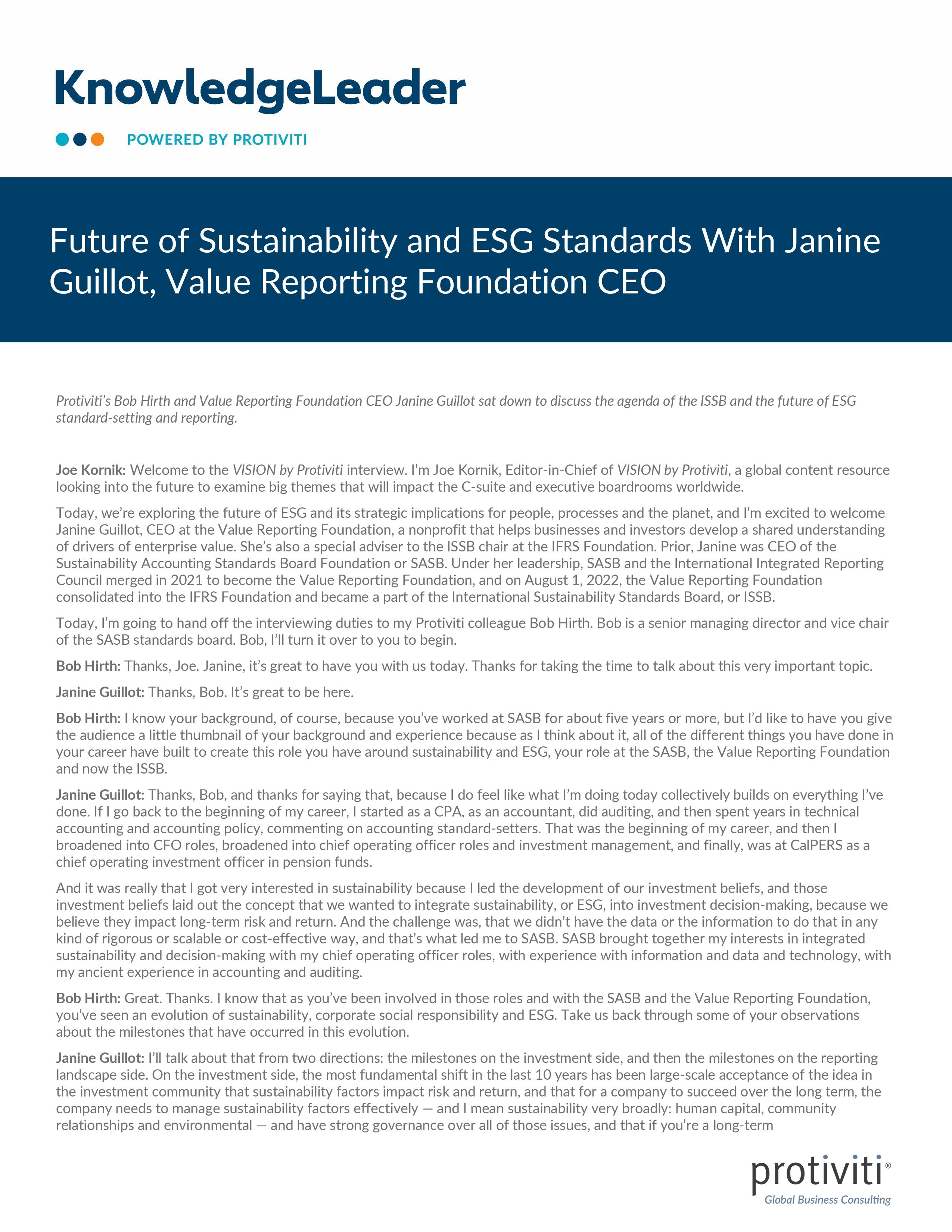 screenshot of the first page of Future of Sustainability and ESG Standards With Janine Guillot, Value Reporting Foundation CEO