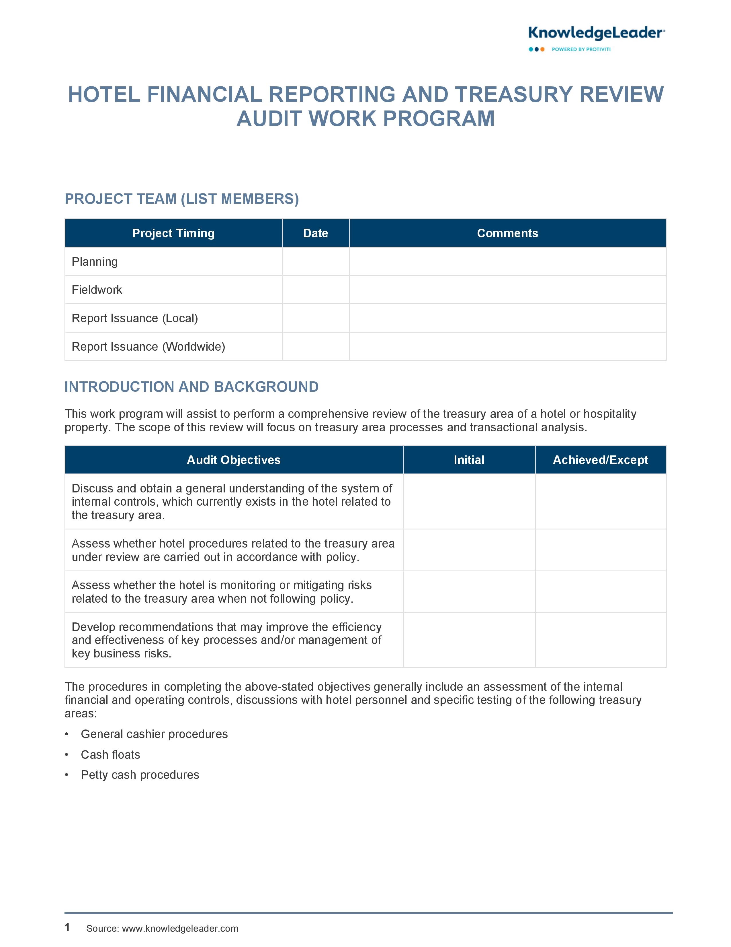 Screenshot of the first page of the Hotel Financial Reporting and Treasury Review Audit Work Program