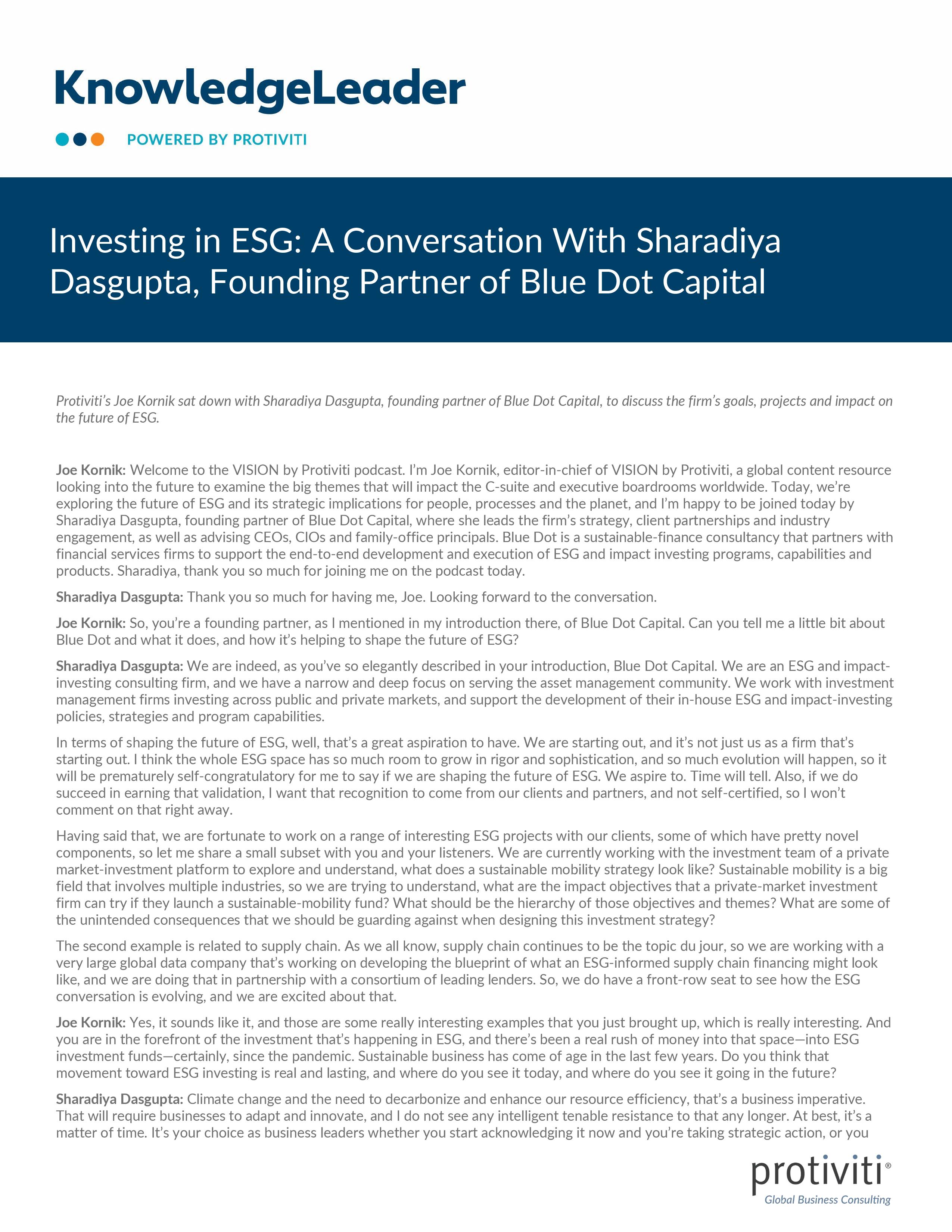 Screenshot of the First Page of Investing in ESG A Conversation With Sharadiya Dasgupta, Founding Partner of Blue Dot Capital