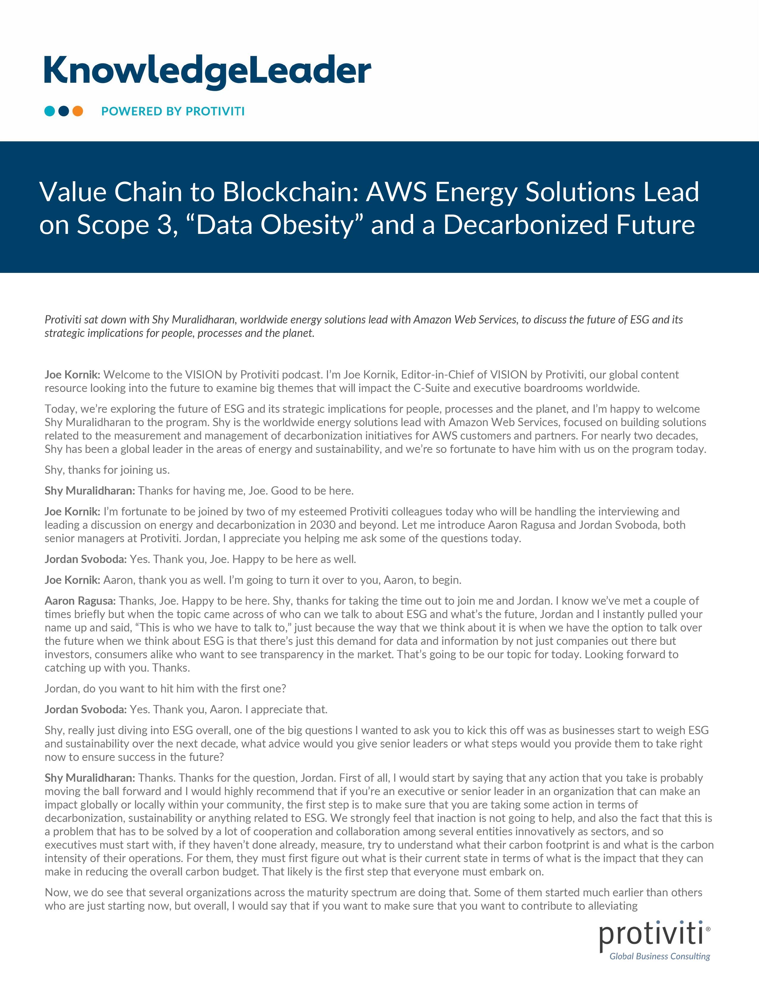 screenshot of the first page of Value Chain to Blockchain AWS Energy Solutions Lead on Scope 3, “Data Obesity” and a Decarbonized Future