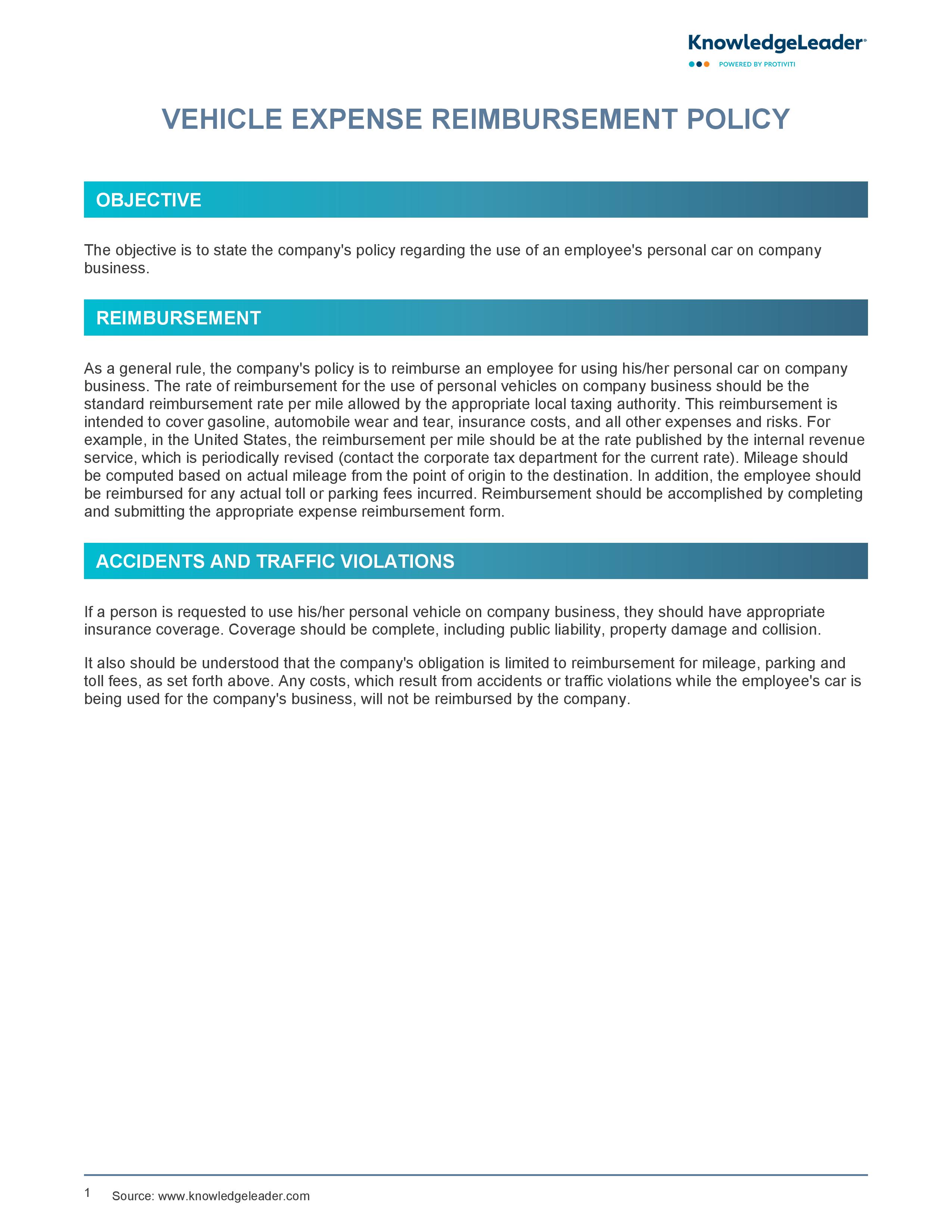 Screenshot of the First Page of Vehicle Expense Reimbursement Policy