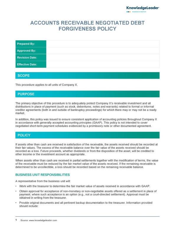 Screenshot of the first page of Accounts Receivable Negotiated Debt Forgiveness Policy