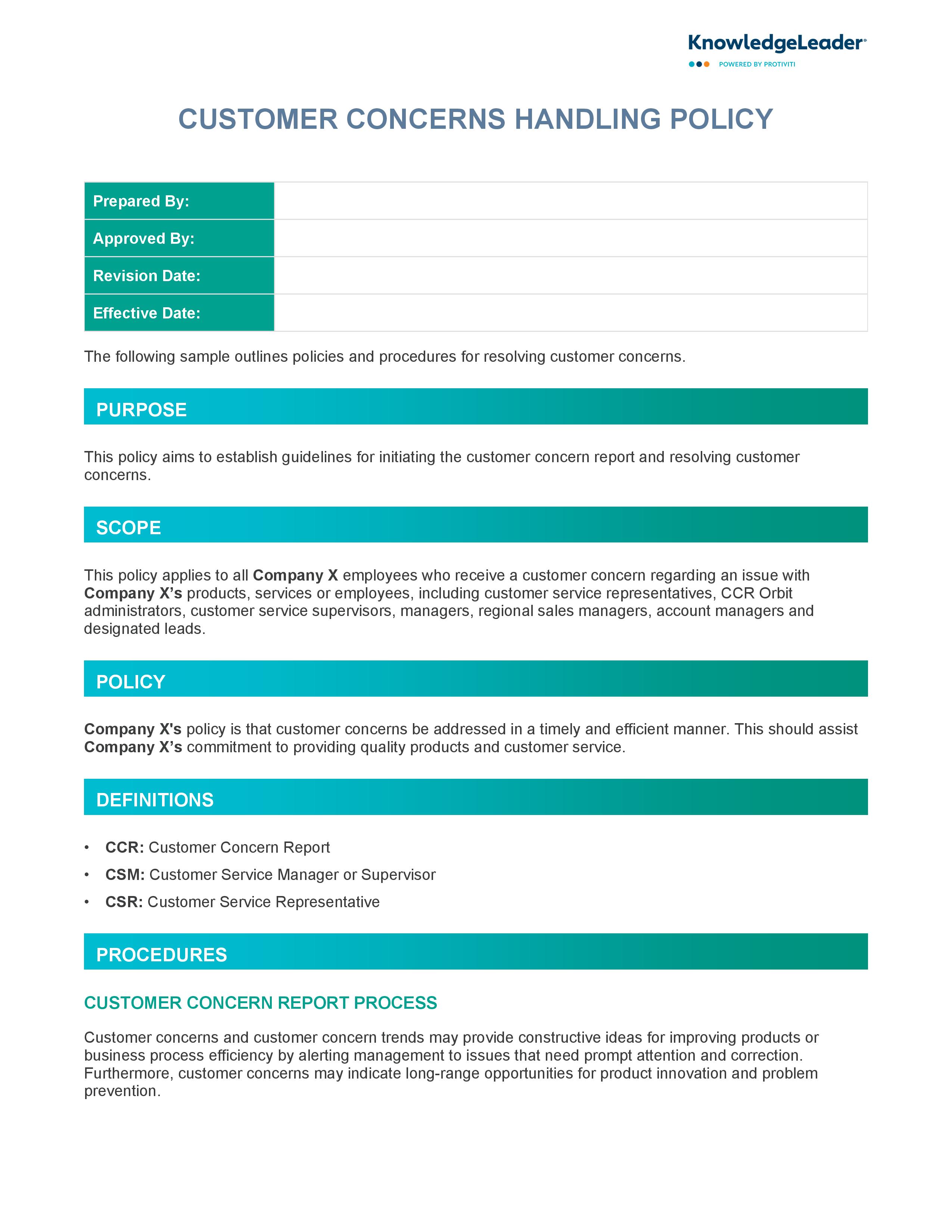 Screenshot of the First Page of Customer Concerns Handling Policy