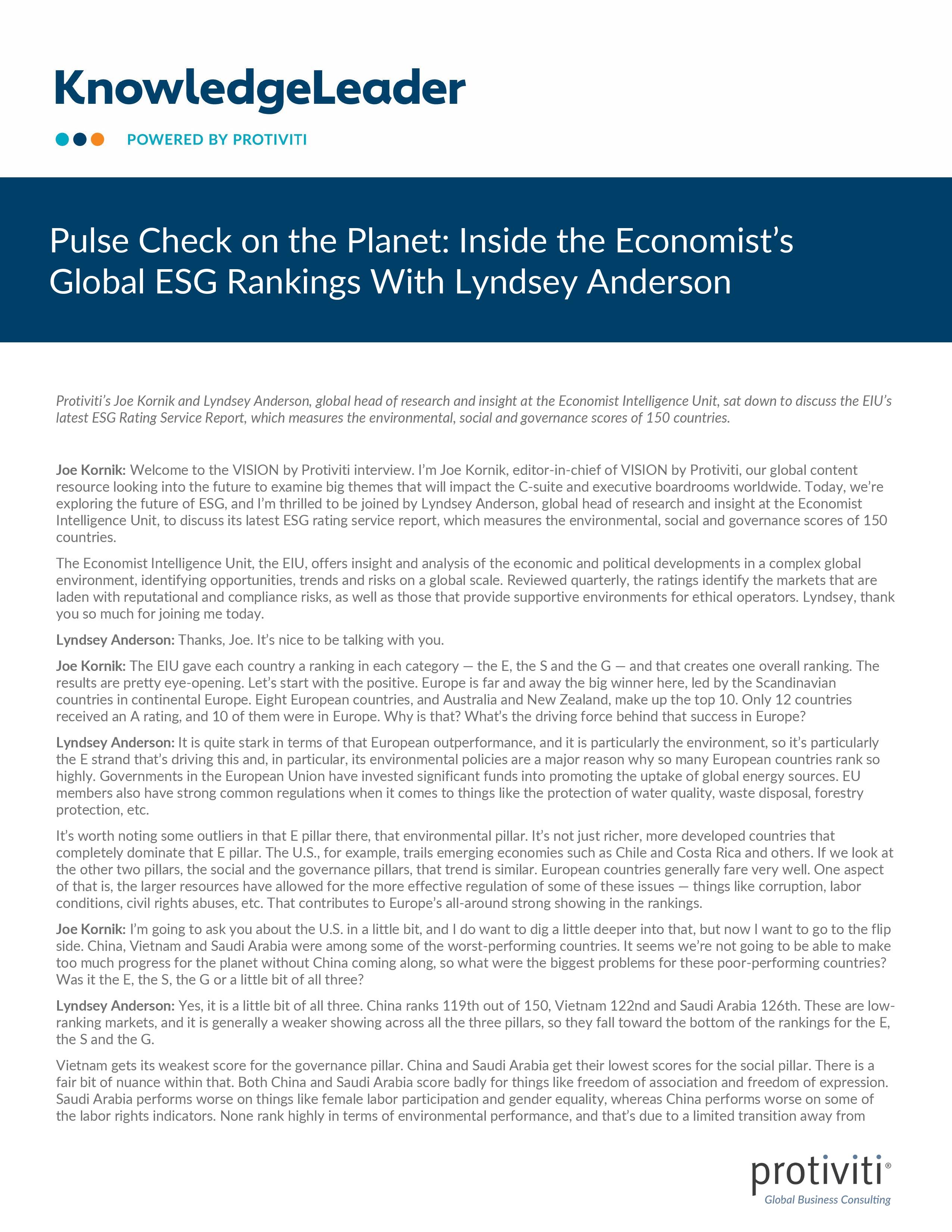 Screenshot of the First Page of Pulse Check on the Planet Inside the Economists Global ESG Rankings With Lyndsey Anderson