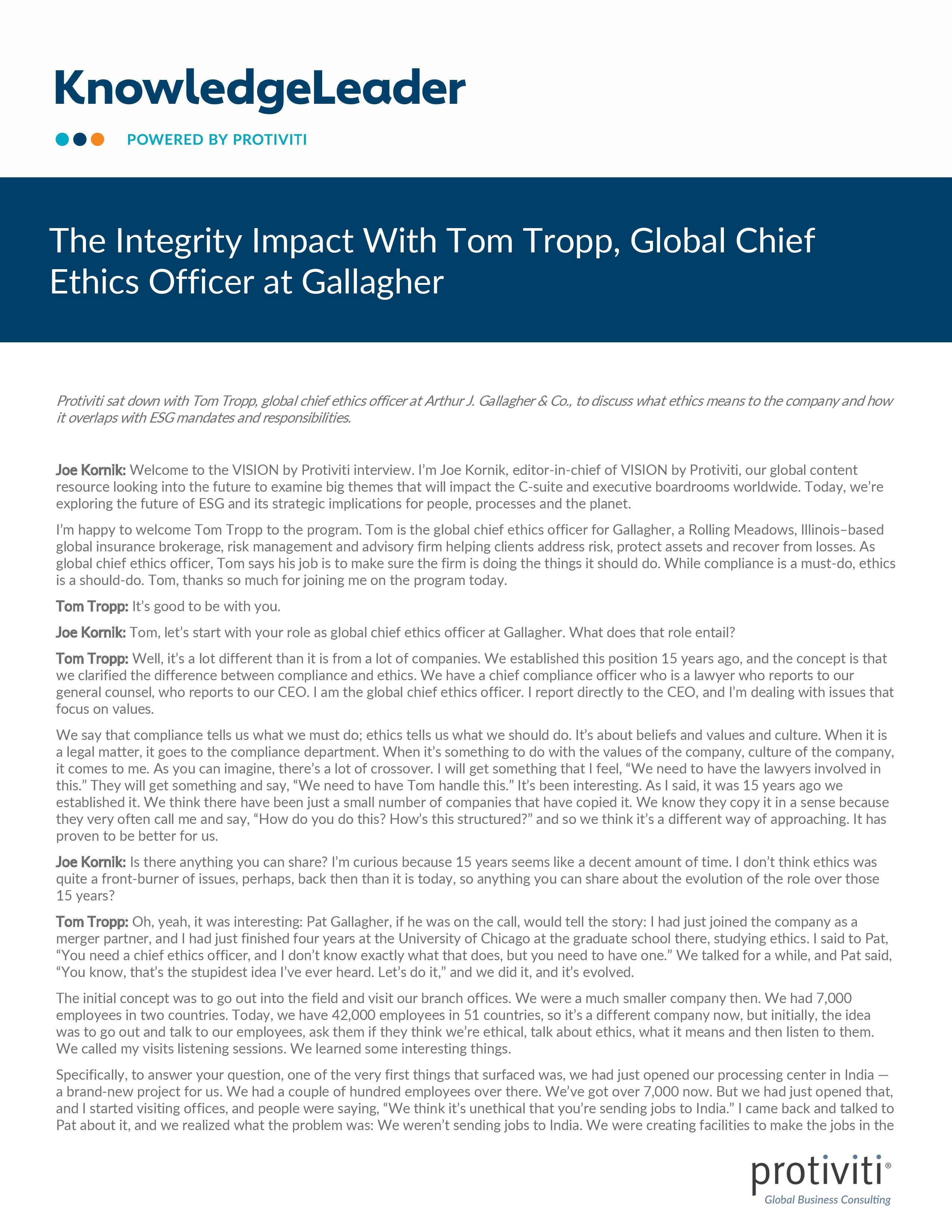 Screenshot of the First Page of The Integrity Impact With Tom Tropp, Global Chief Ethics Officer at Gallagher