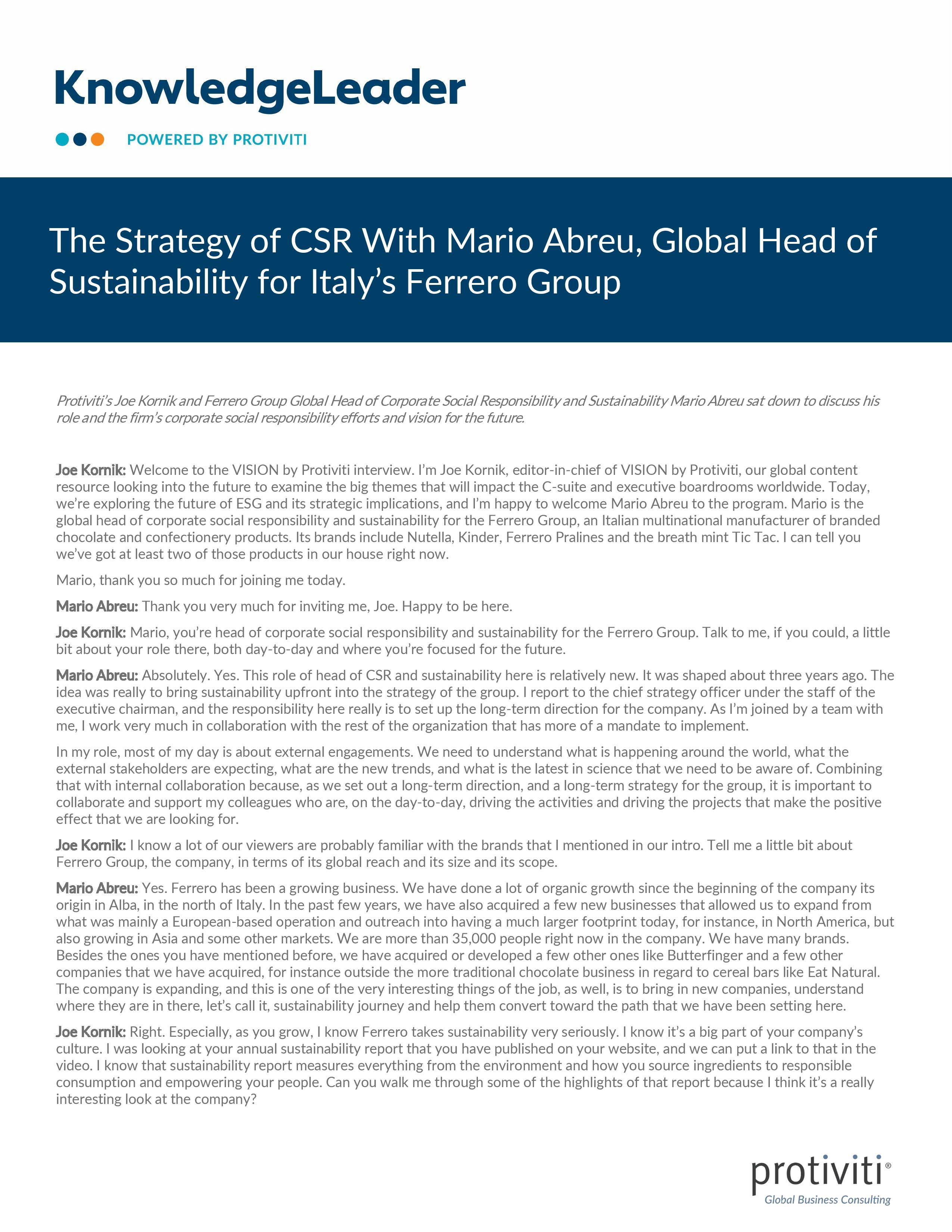Screenshot of the First Page of The Strategy of CSR With Mario Abreu, Global Head of Sustainability for Italys Ferrero Group