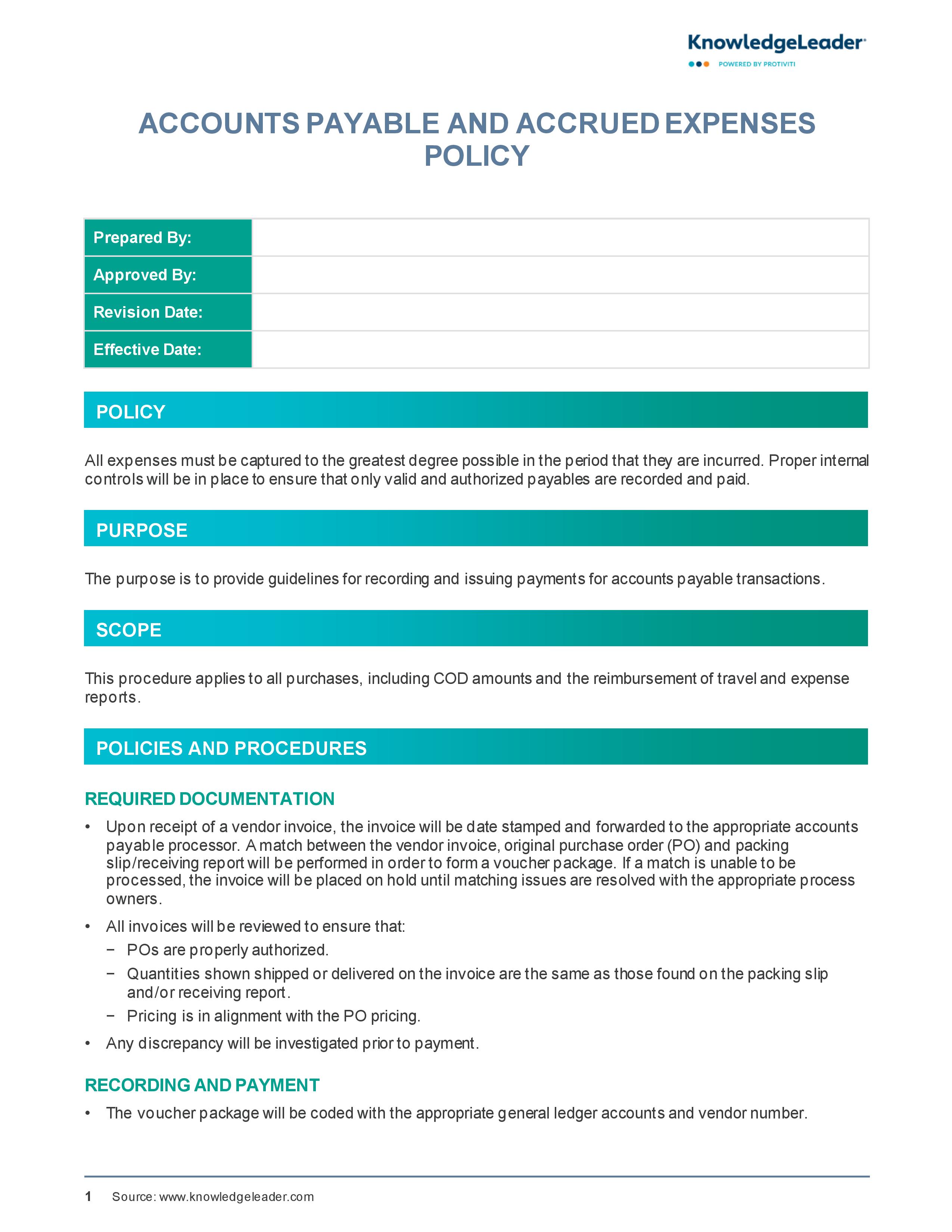 Screenshot of the first page of Accounts Payable and Accrued Expenses Policy