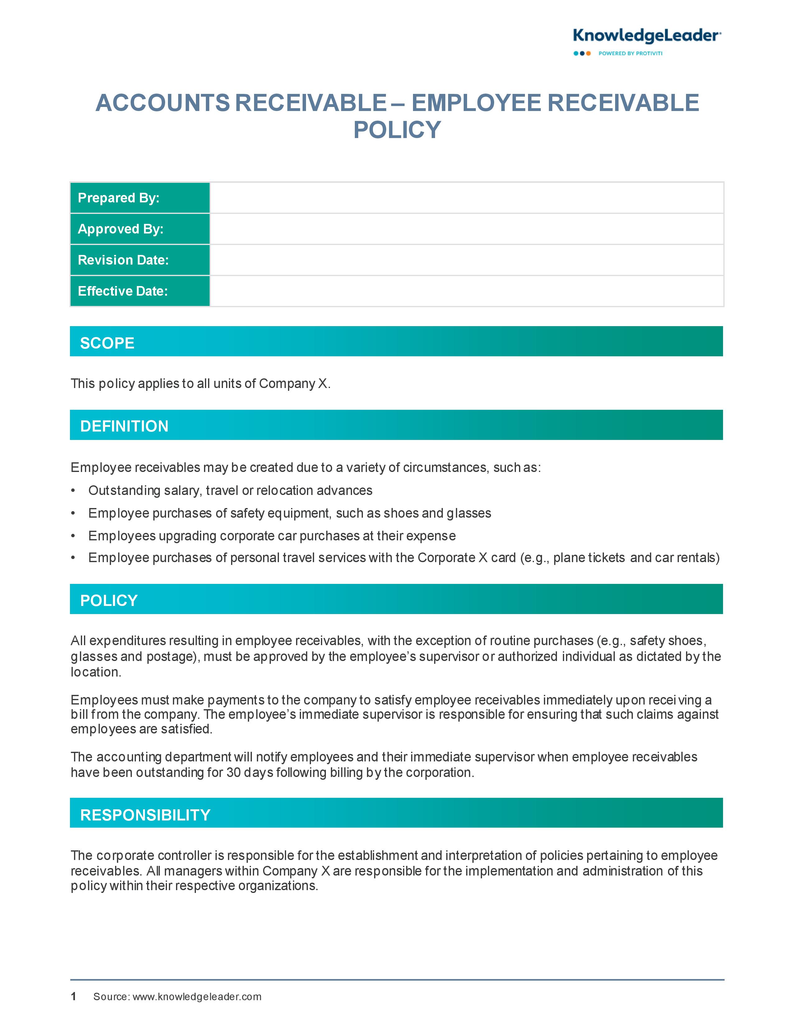 Screenshot of the first page of Accounts Receivable - Employee Receivable Policy