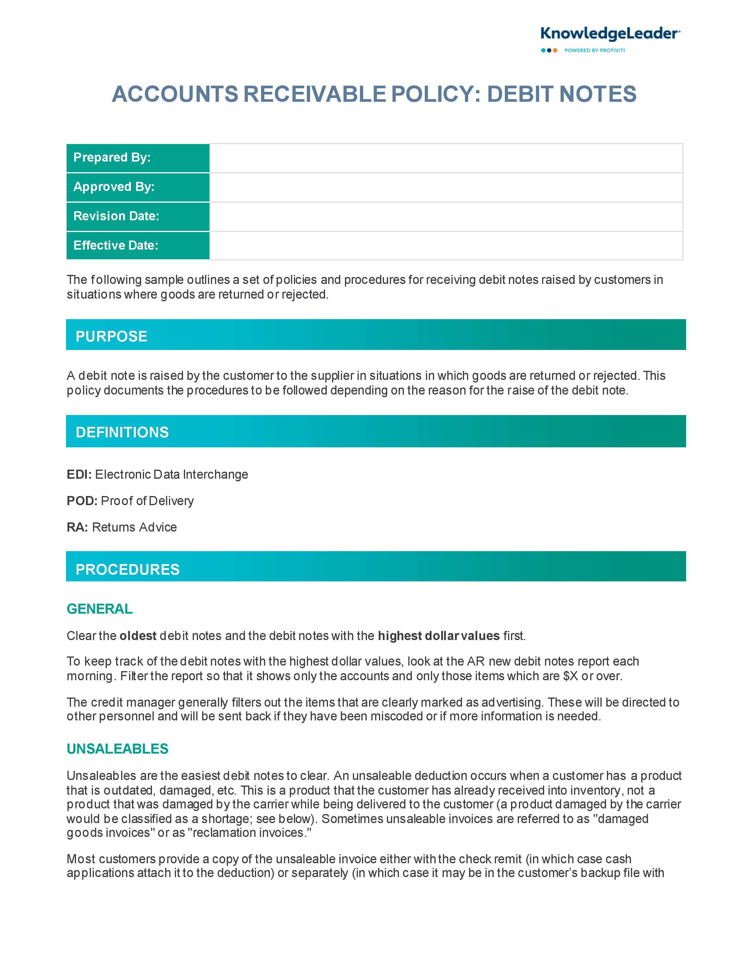 Screenshot of the first page of Accounts Receivable Policy-Debit Notes