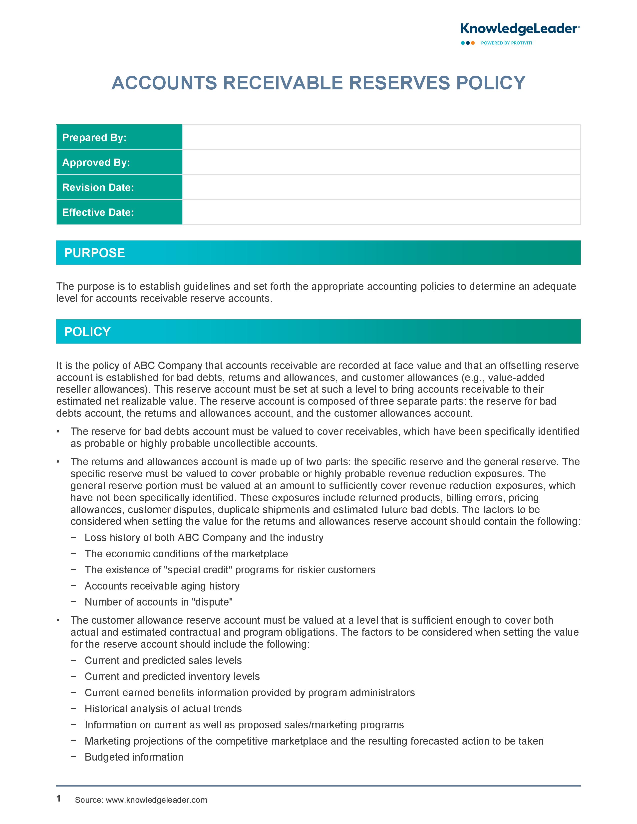 Screenshot of the First Page of Accounts Receivable Reserves Policy