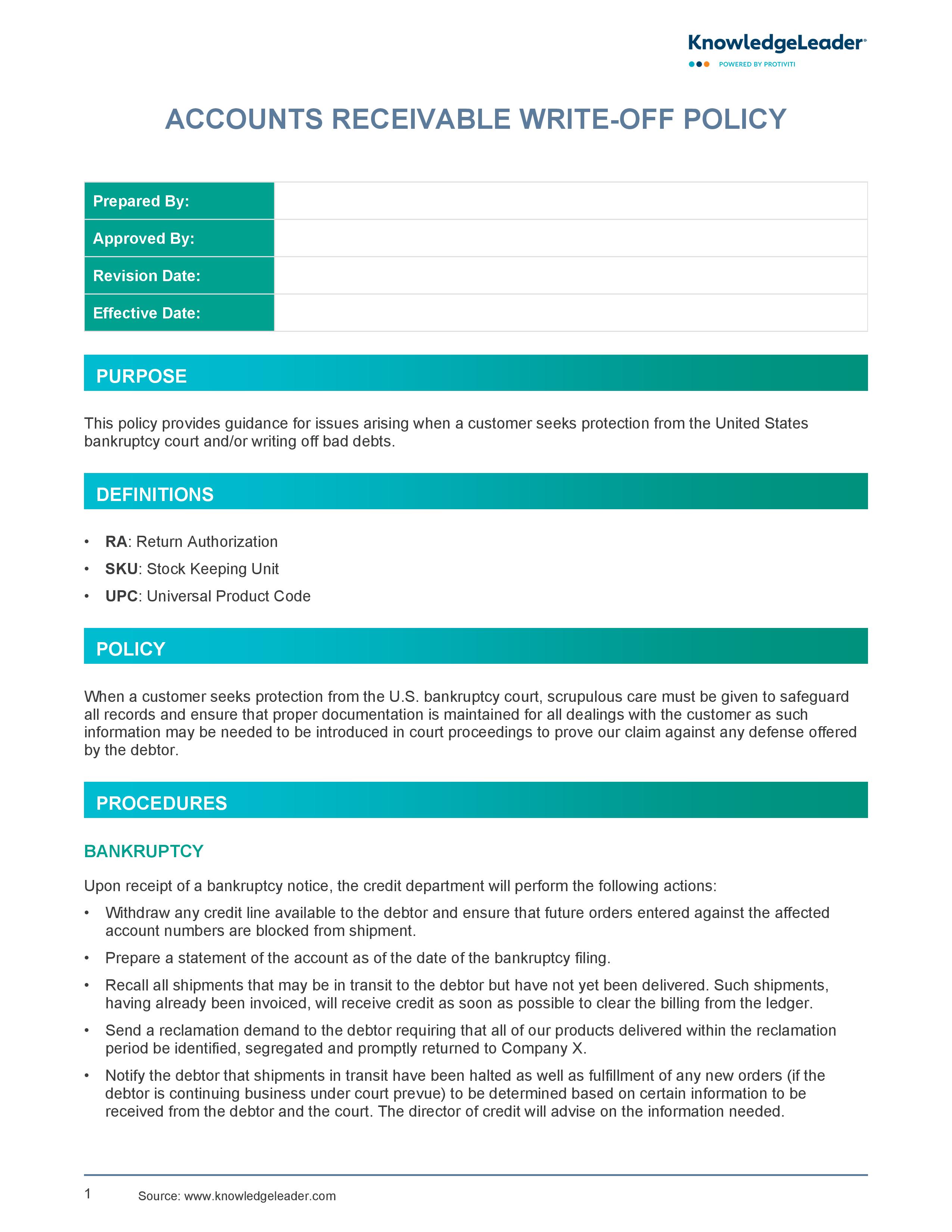 Screenshot of the First Page of Accounts Receivable Write-Off Policy