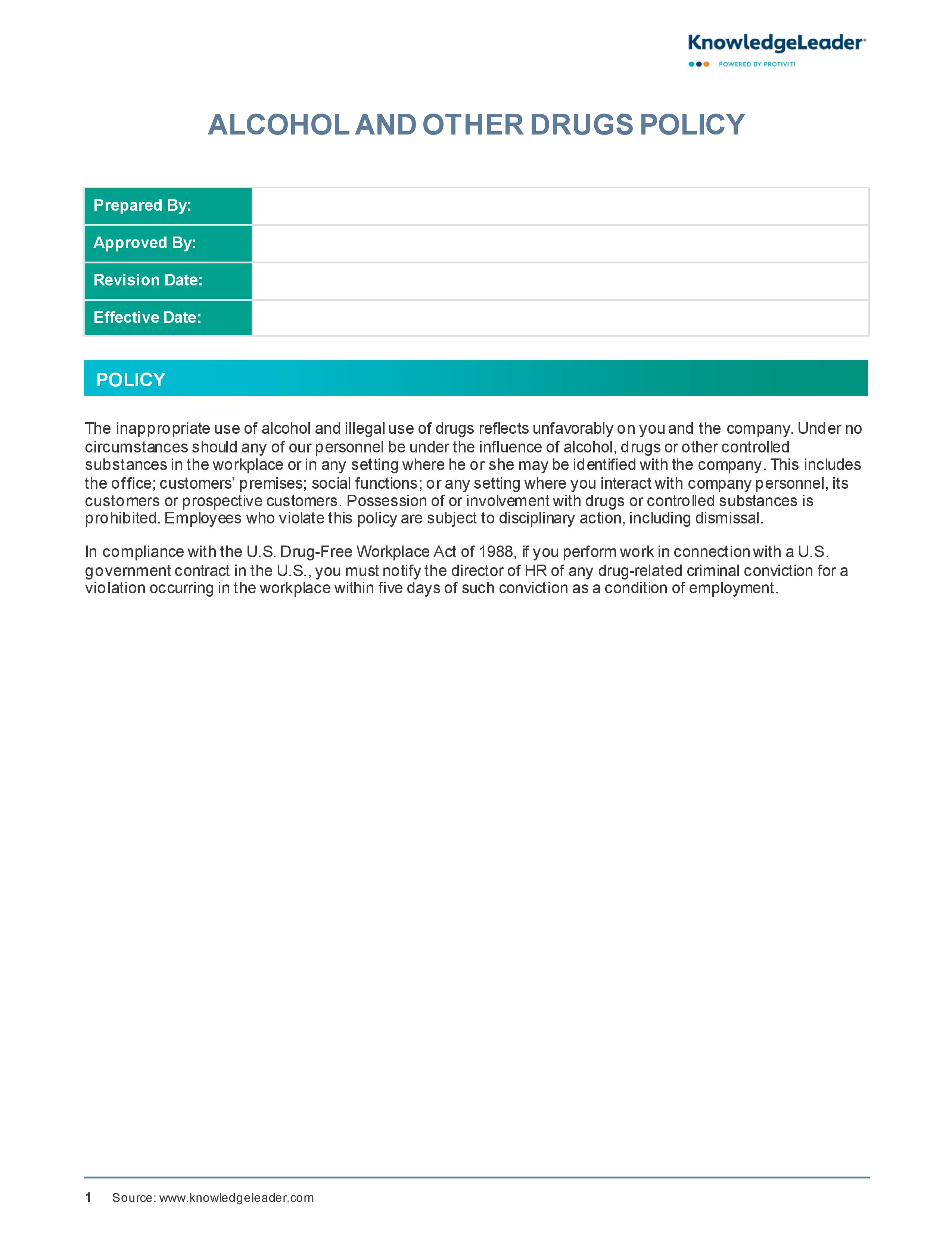 Screenshot of the first page of Alcohol and Other Drugs Policy