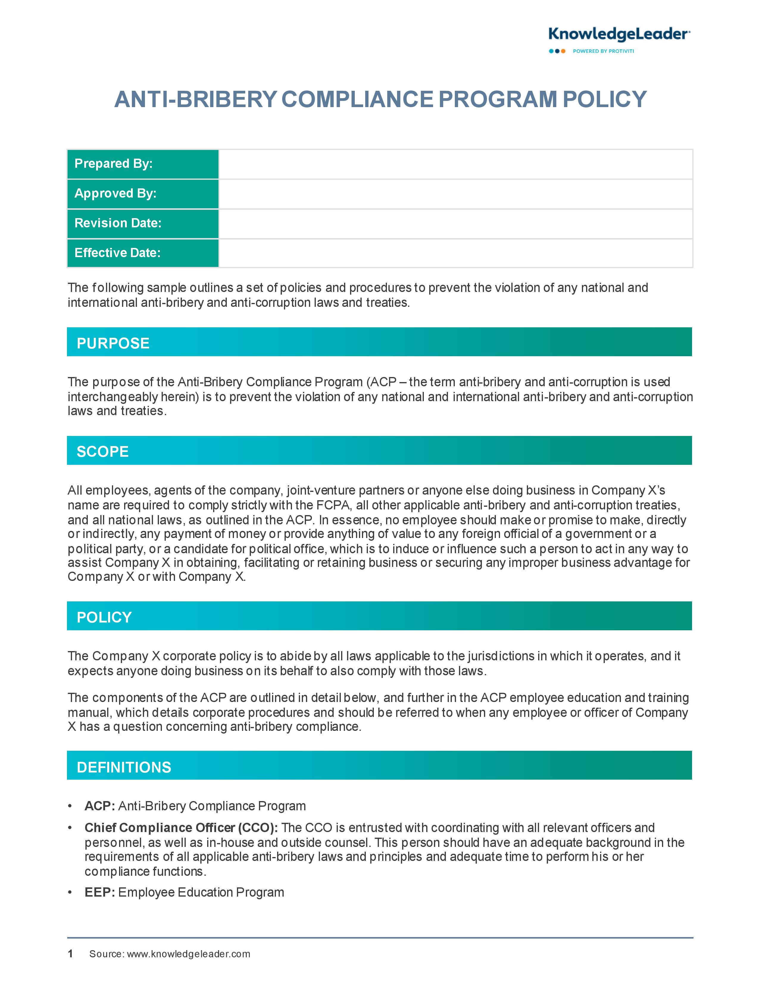 Screenshot of the first page of Anti-Bribery Compliance Program Policy