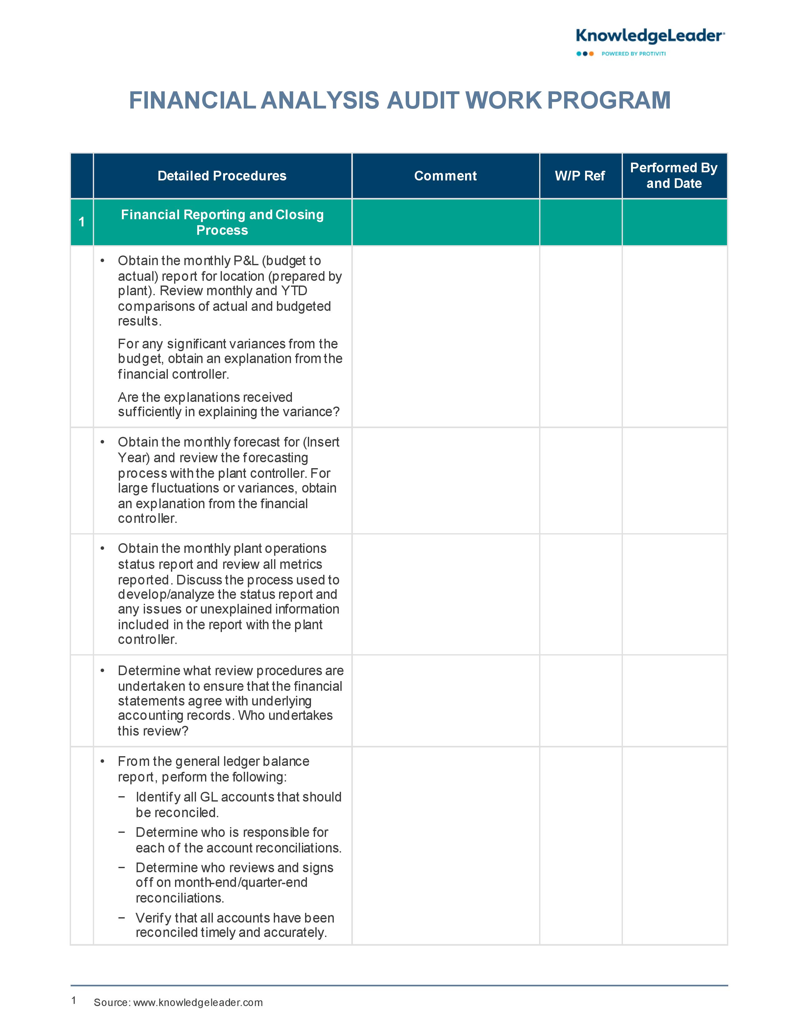 Screenshot of the first page of Financial Analysis Audit Work Program