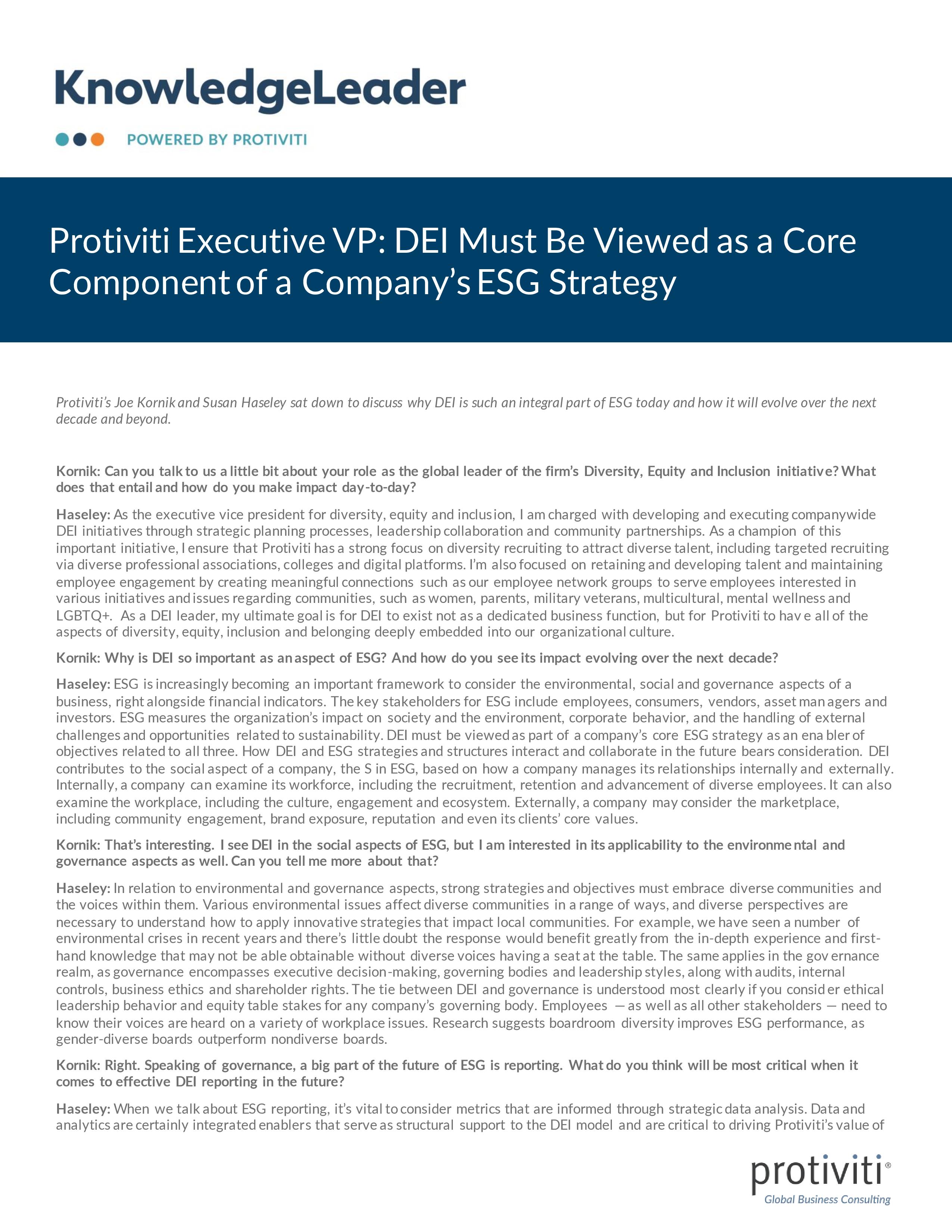 Screenshot of the first page of Protiviti Executive VP DEI Must Be Viewed as a Core Component of a Companyâ__s ESG Strategy