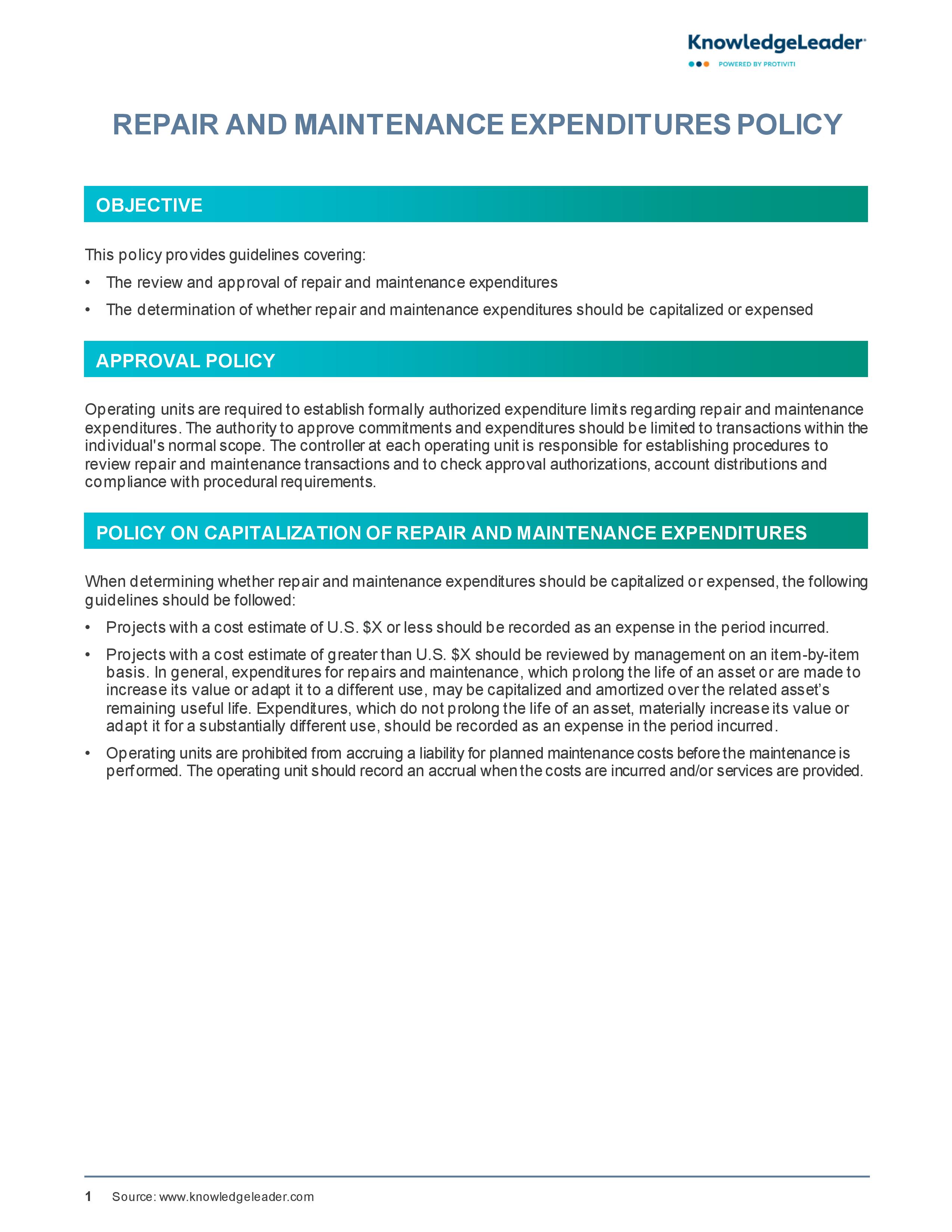 Screenshot of the first page of Repair and Maintenance Expenditures Policy