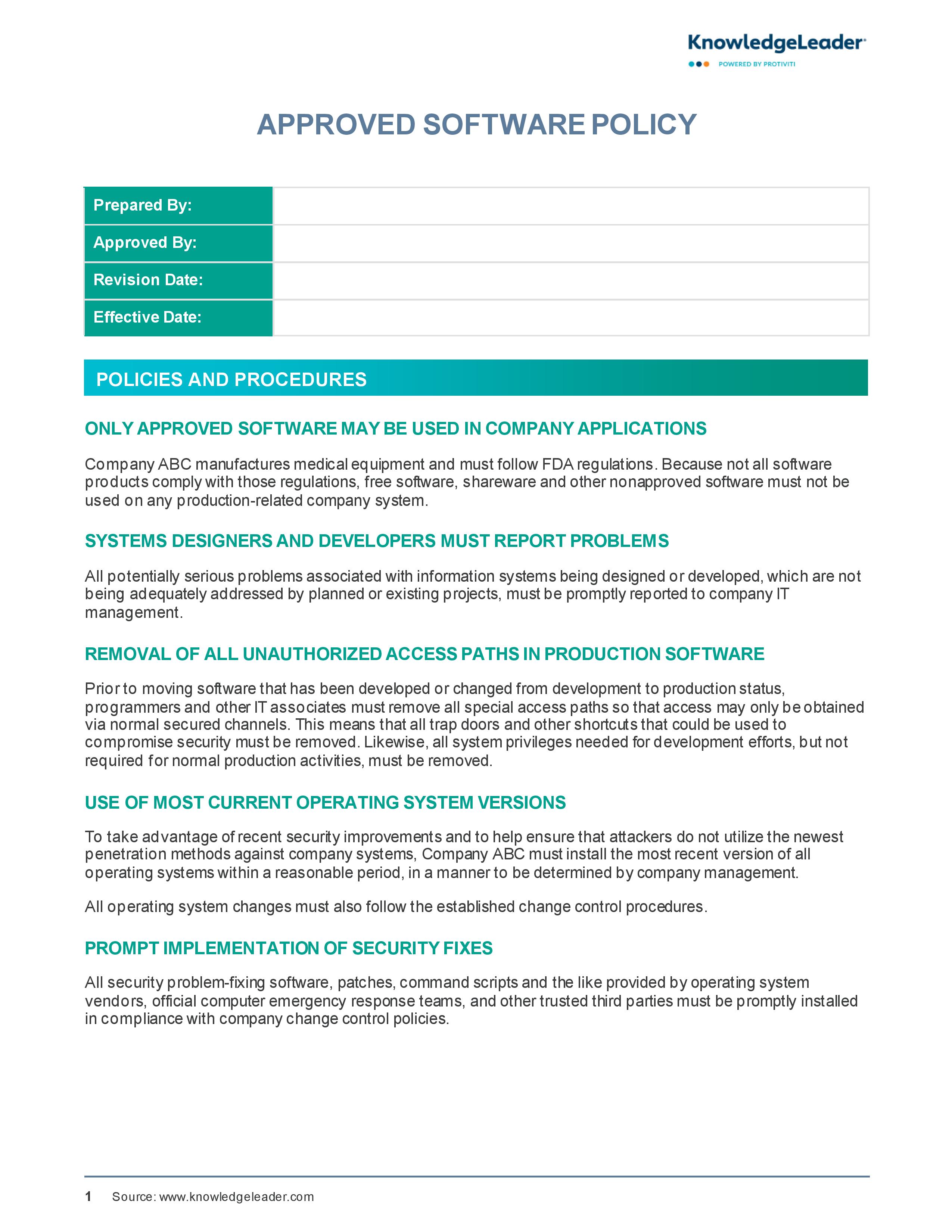 Screenshot of the first page of Approved Software Policy