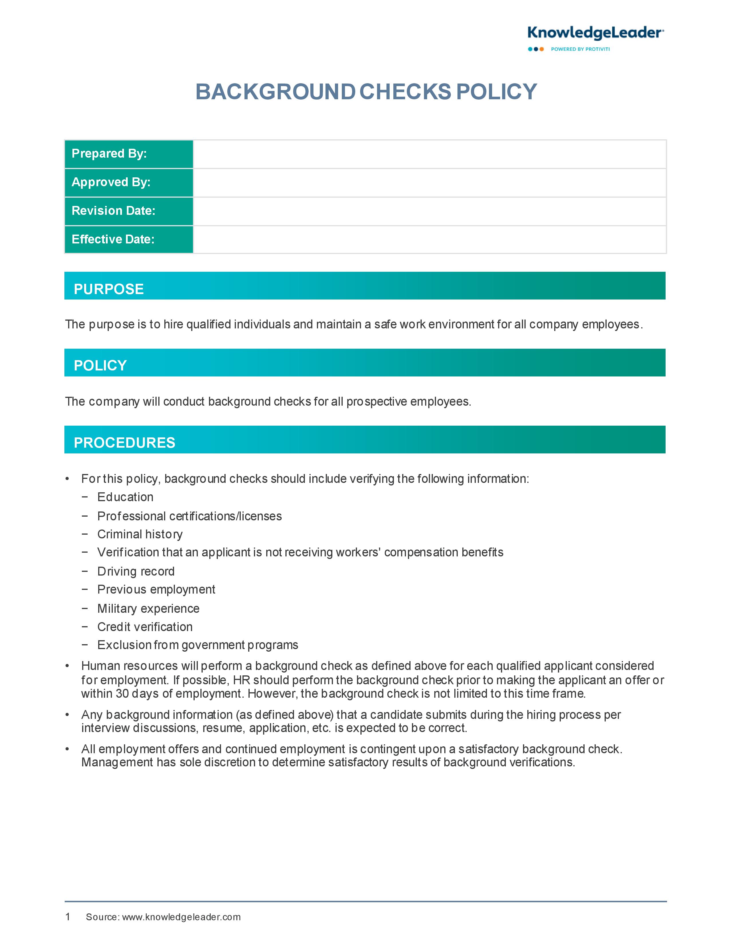 Screenshot of the first page of Background Checks Policy