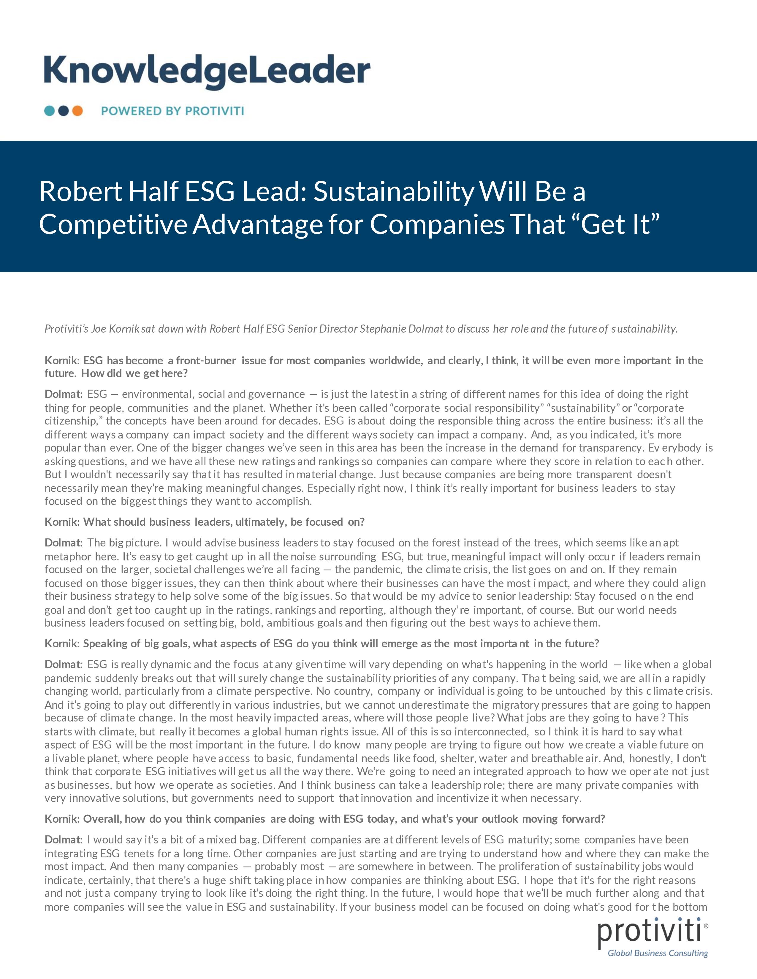 Screenshot of the first page of Robert Half ESG Lead Sustainability Will Be a Competitive Advantage for Companies That “Get It”