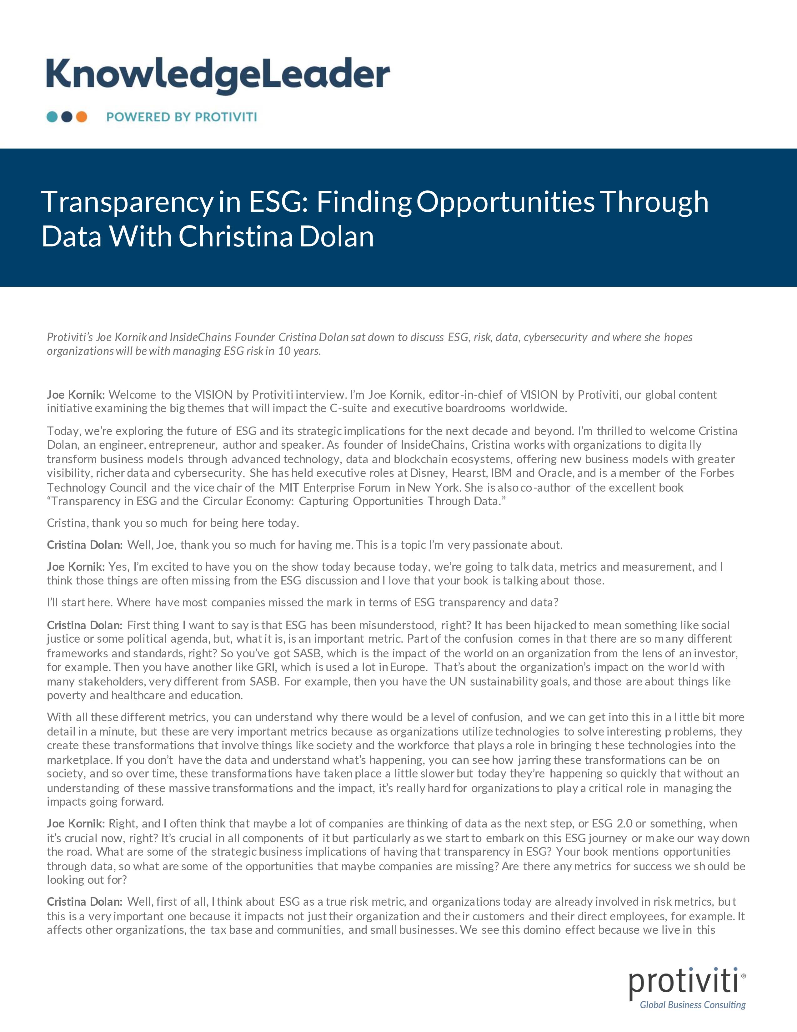 Screenshot of the first page of Transparency in ESG Finding Opportunities Through Data With Christina Dolan