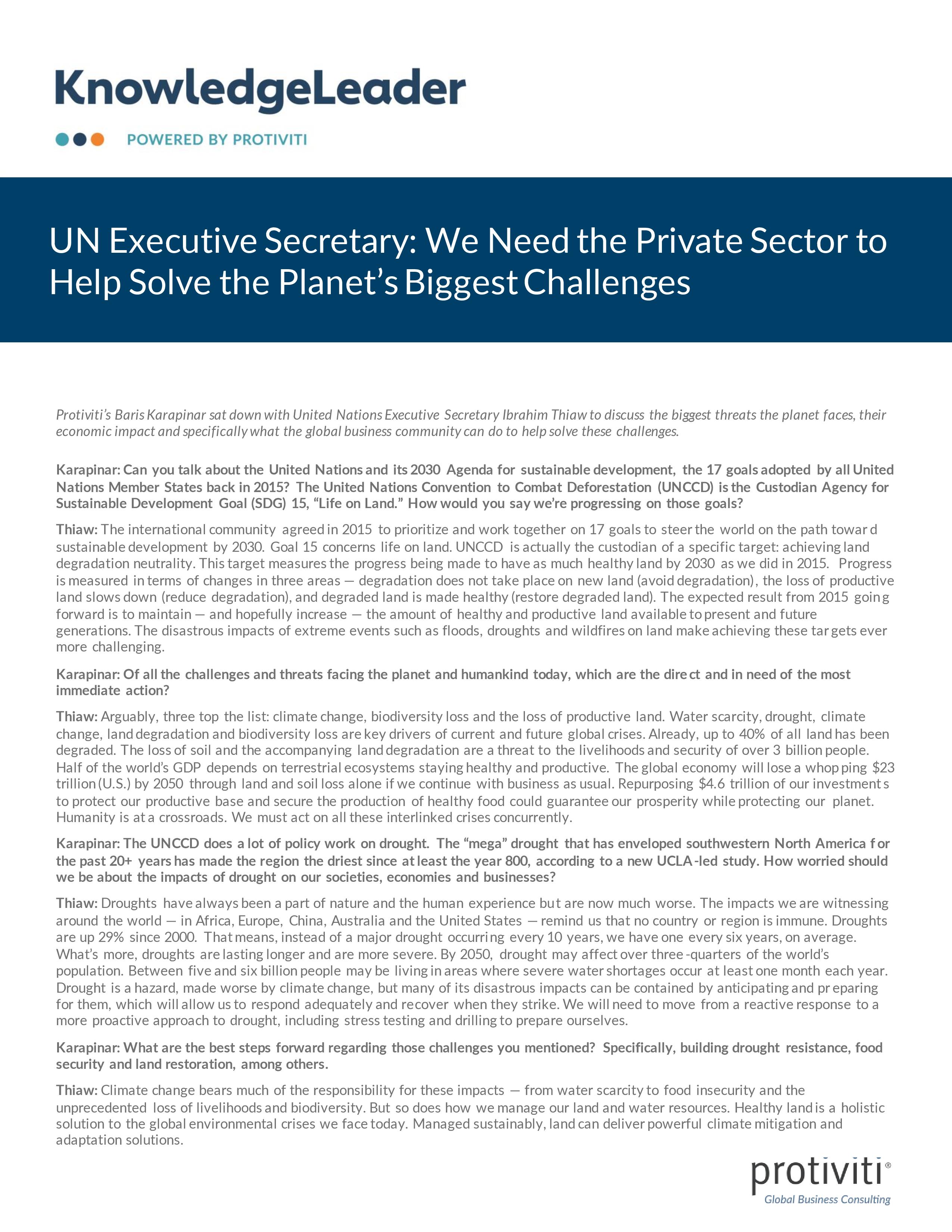Screenshot of the first page of UN Executive Secretary We Need the Private Sector to Help Solve Planet’s Biggest Challenges
