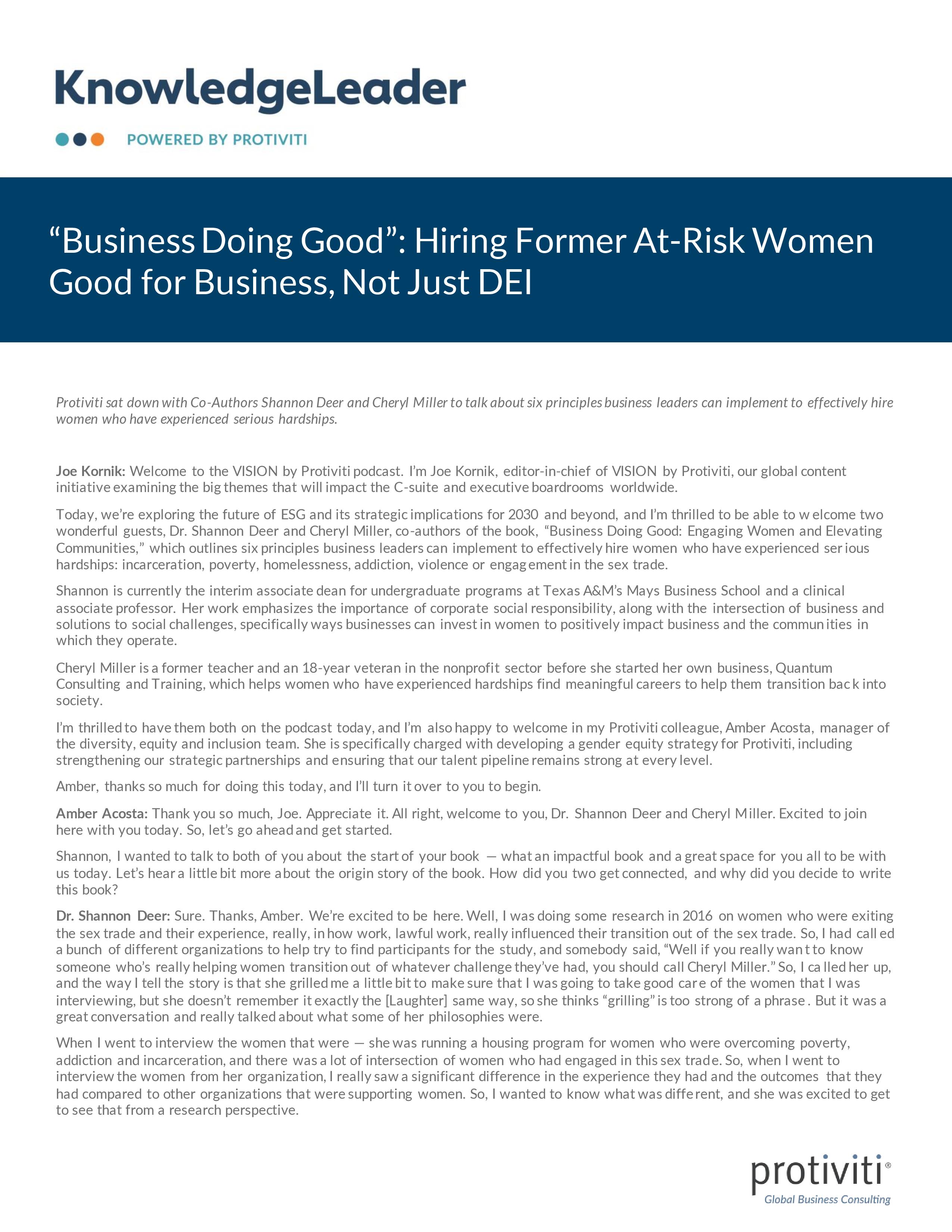 Screenshot of the first page of “Business Doing Good” Hiring Former At-Risk Women Good for Business, Not Just DEI