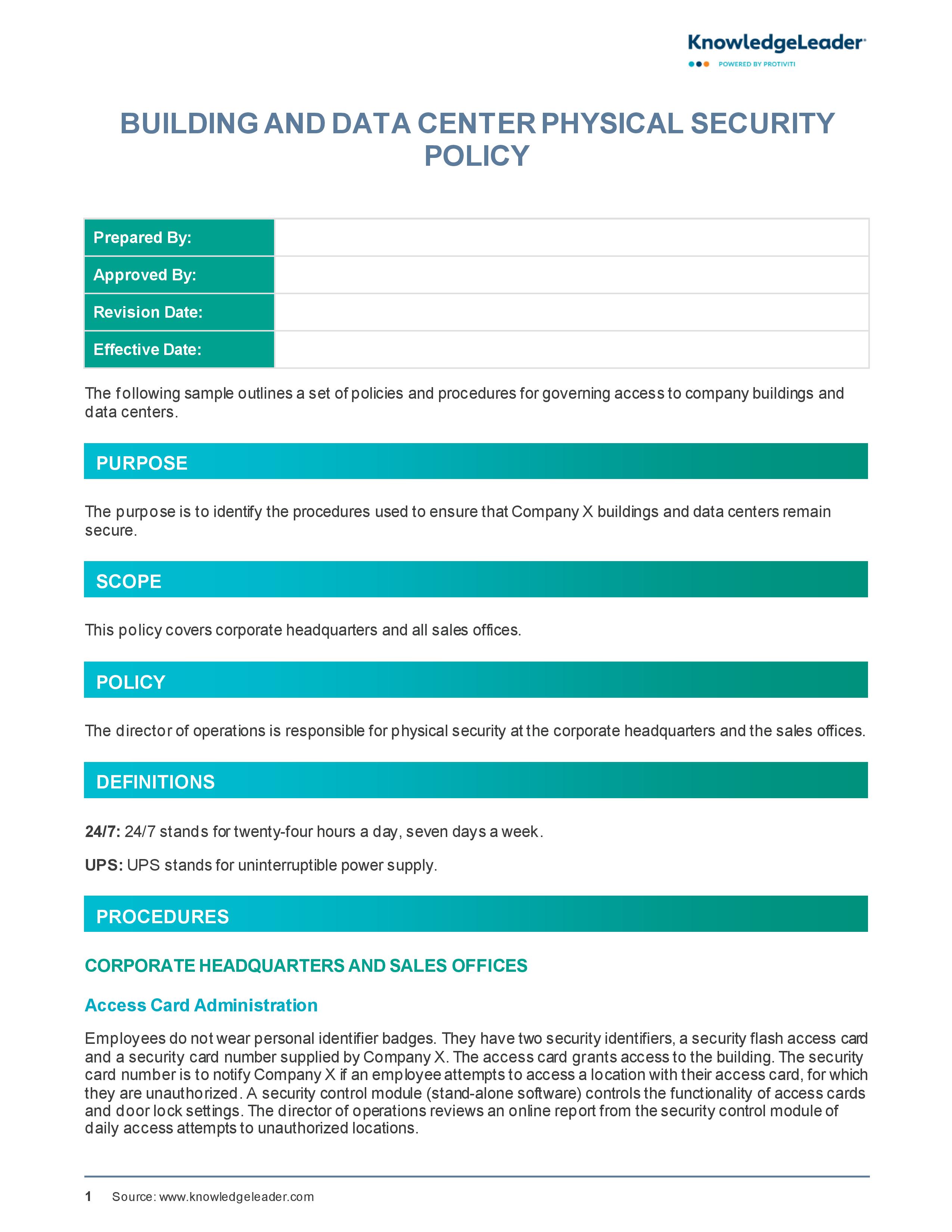 Screenshot of the first page of Building and Data Center Physical Security Policy