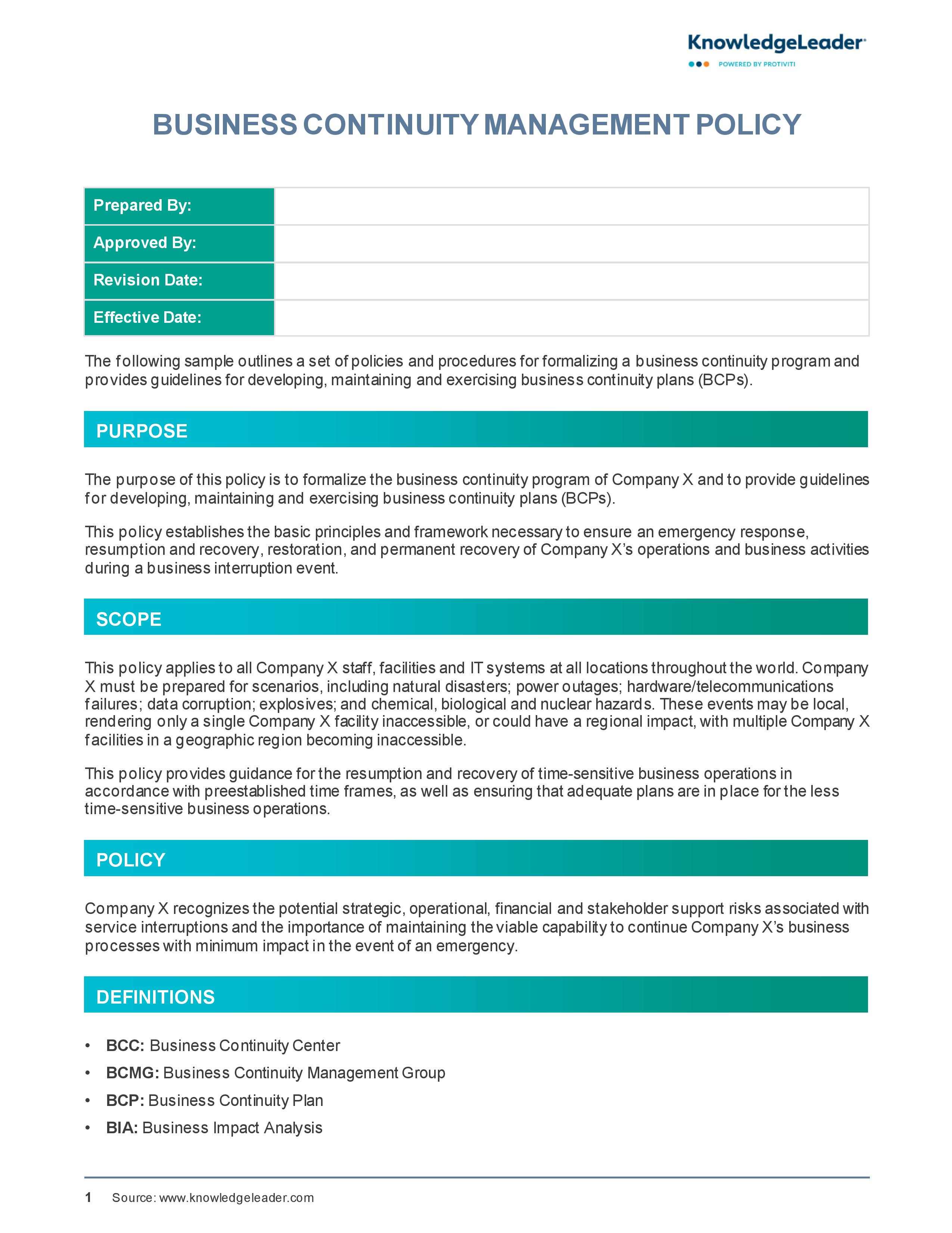 Screenshot of the first page of Business Continuity Management Policy