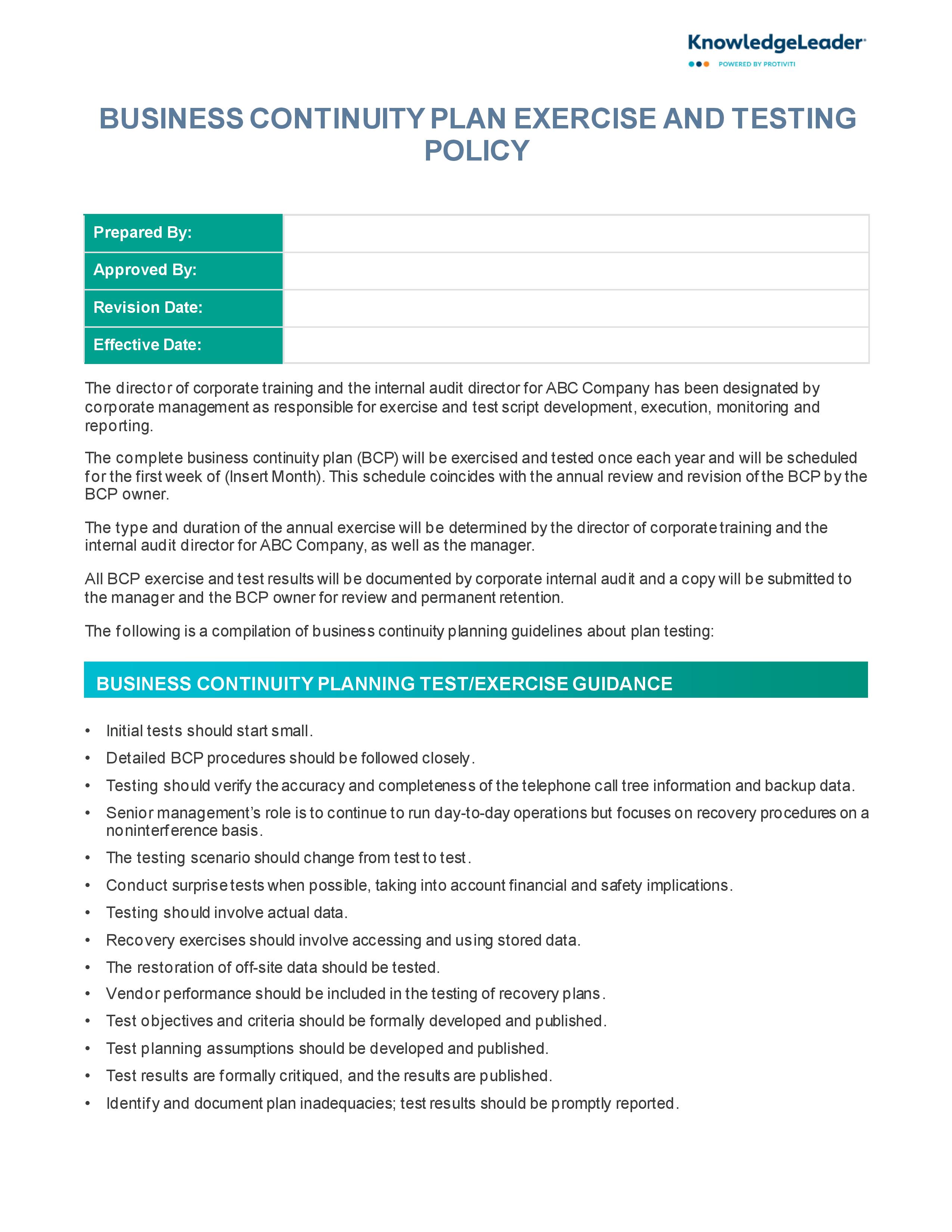 Screenshot of the first page of Business Continuity Plan Exercise and Testing Policy