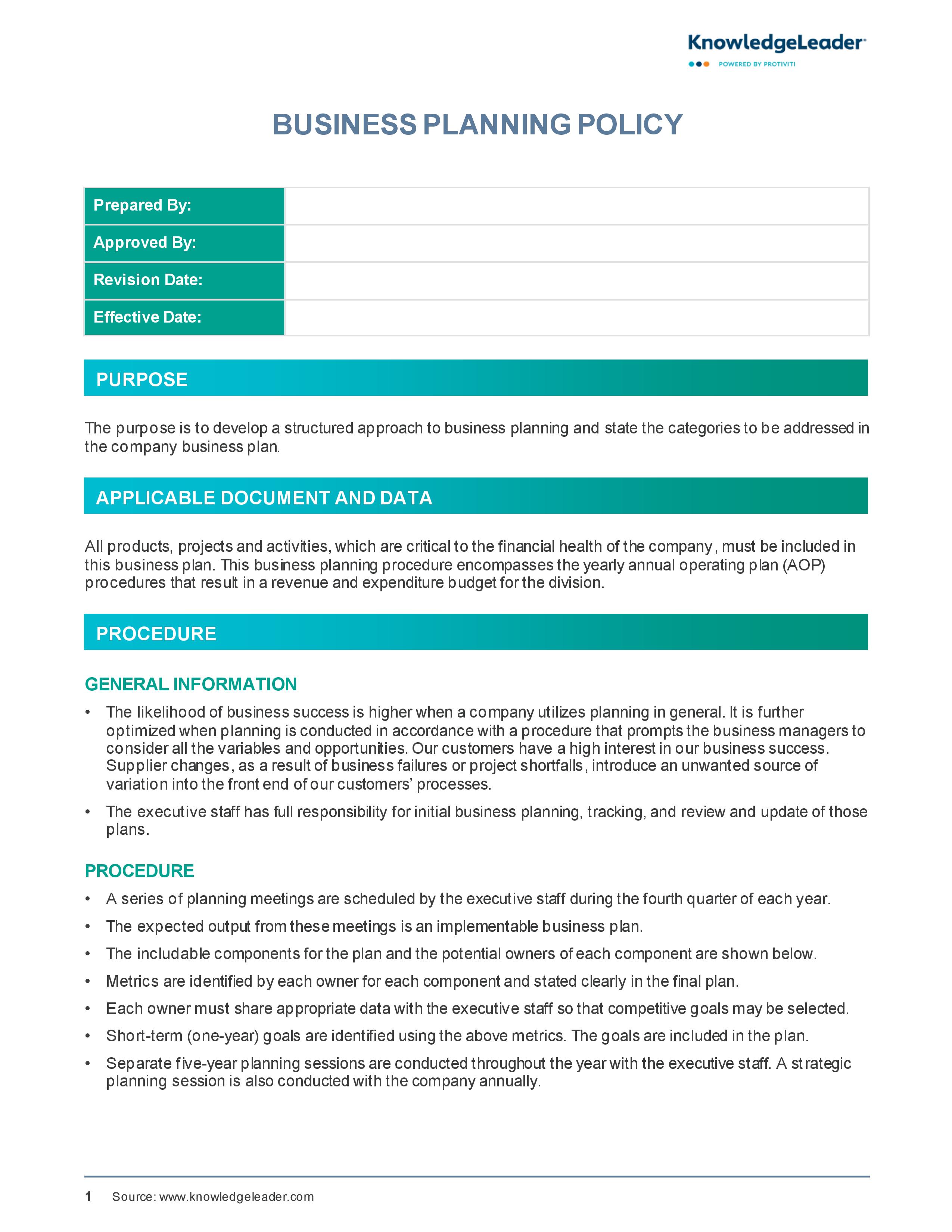 Screenshot of the first page of Business Planning Policy